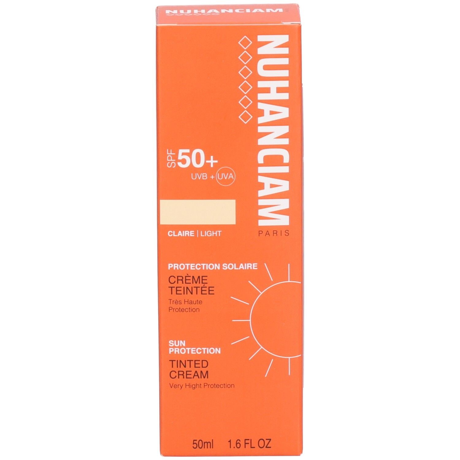 Boîte orange de la crème teintée Nuhanciam SPF 50+, teinte claire.