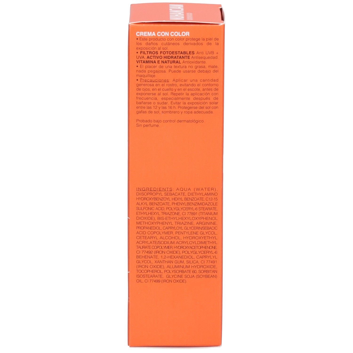 Côté de la boîte Nuhanciam crème teintée SPF 50+ avec ingrédients.