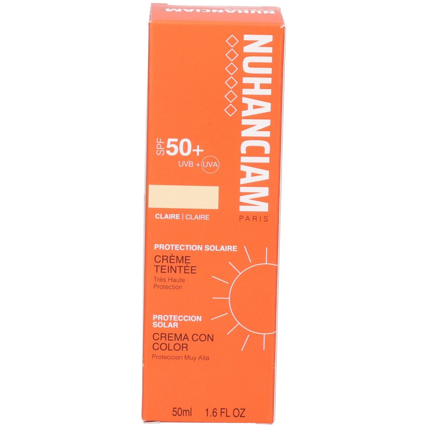 Côté de la boîte Nuhanciam crème teintée SPF 50+ avec instructions.