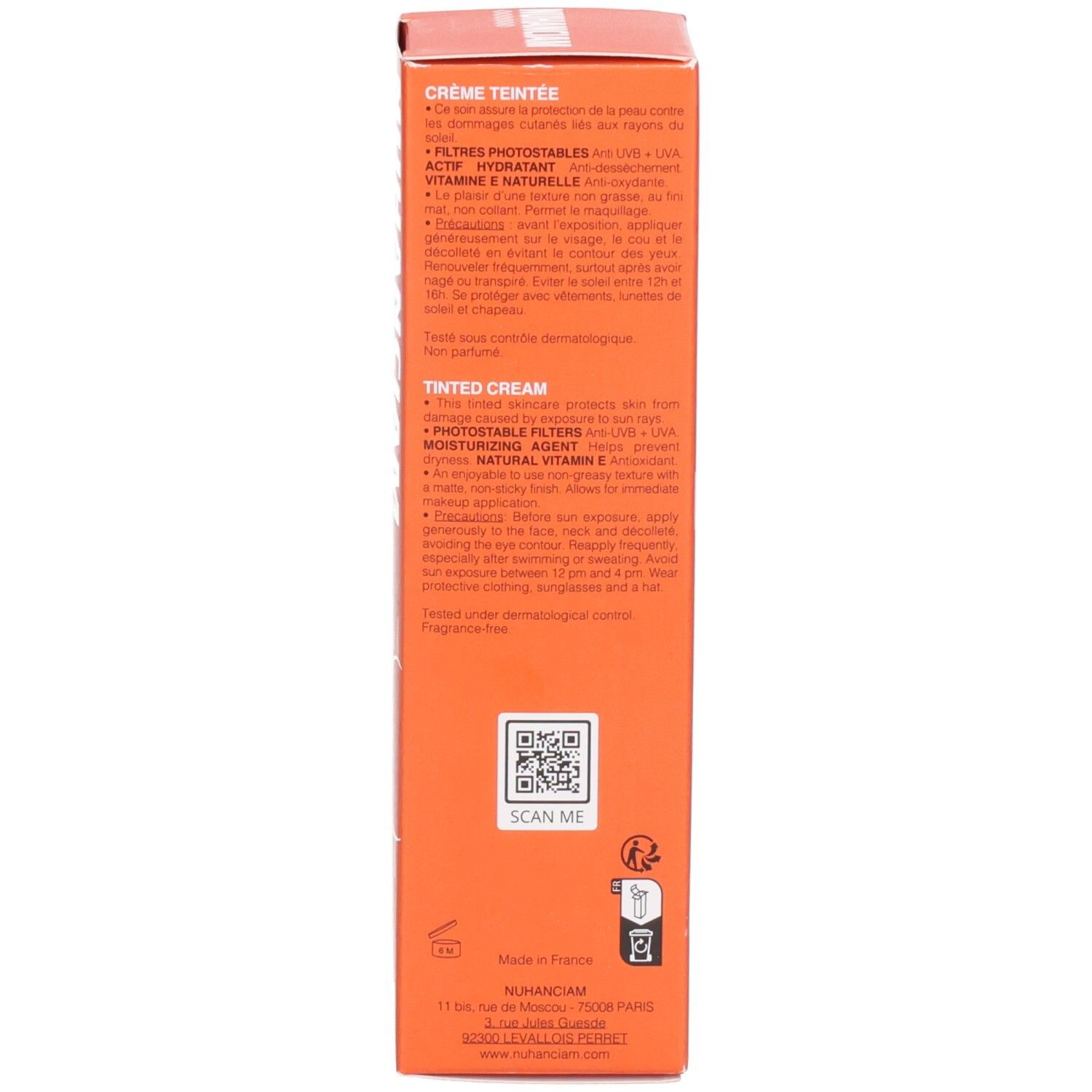 Côté de la boîte Nuhanciam crème teintée SPF 50+, teinte claire.