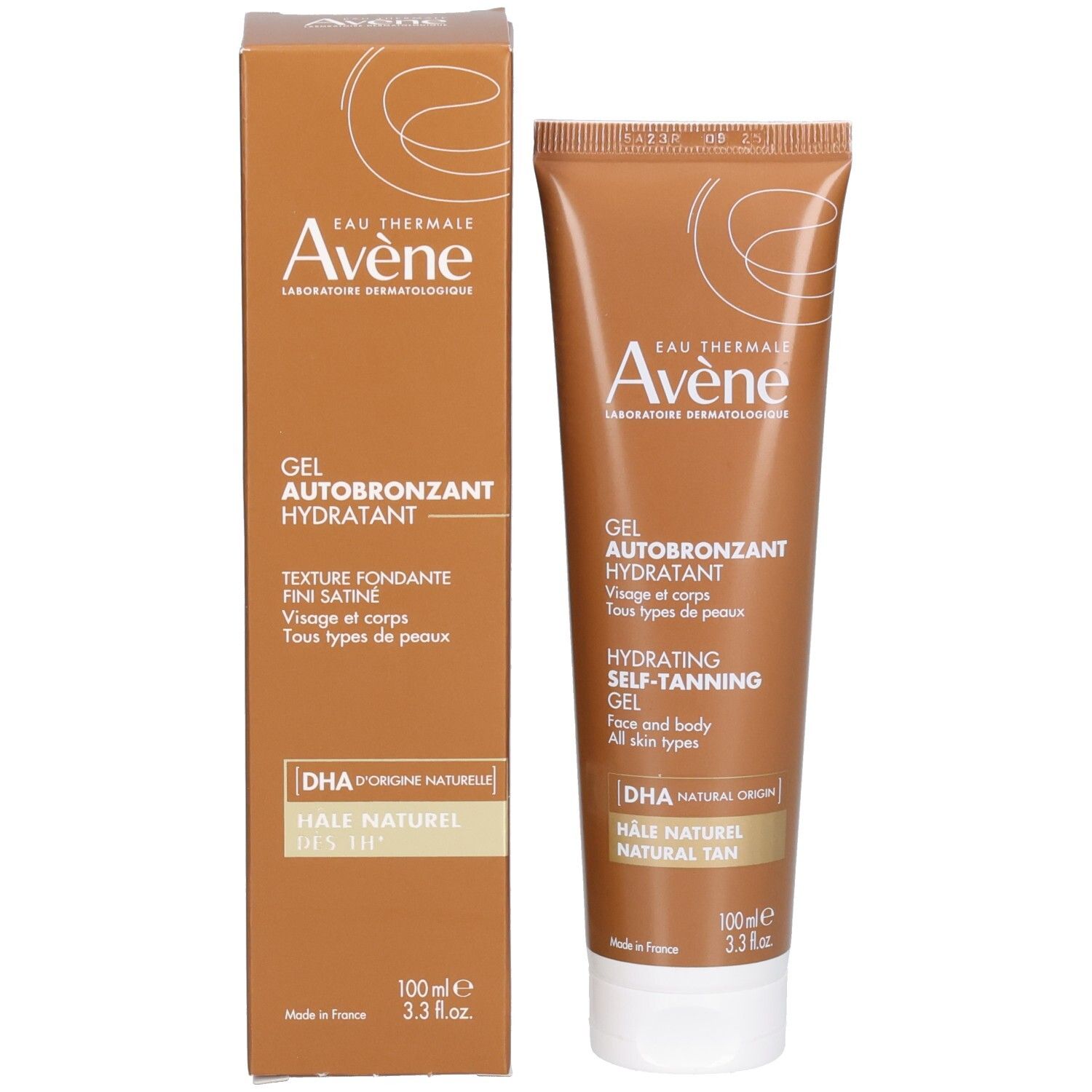 Emballage du produit: tube et carton. Les deux marron. Texte: Gel Autobronzant Hydratant, Hydrating Self-Tanning Gel. Marque visible.