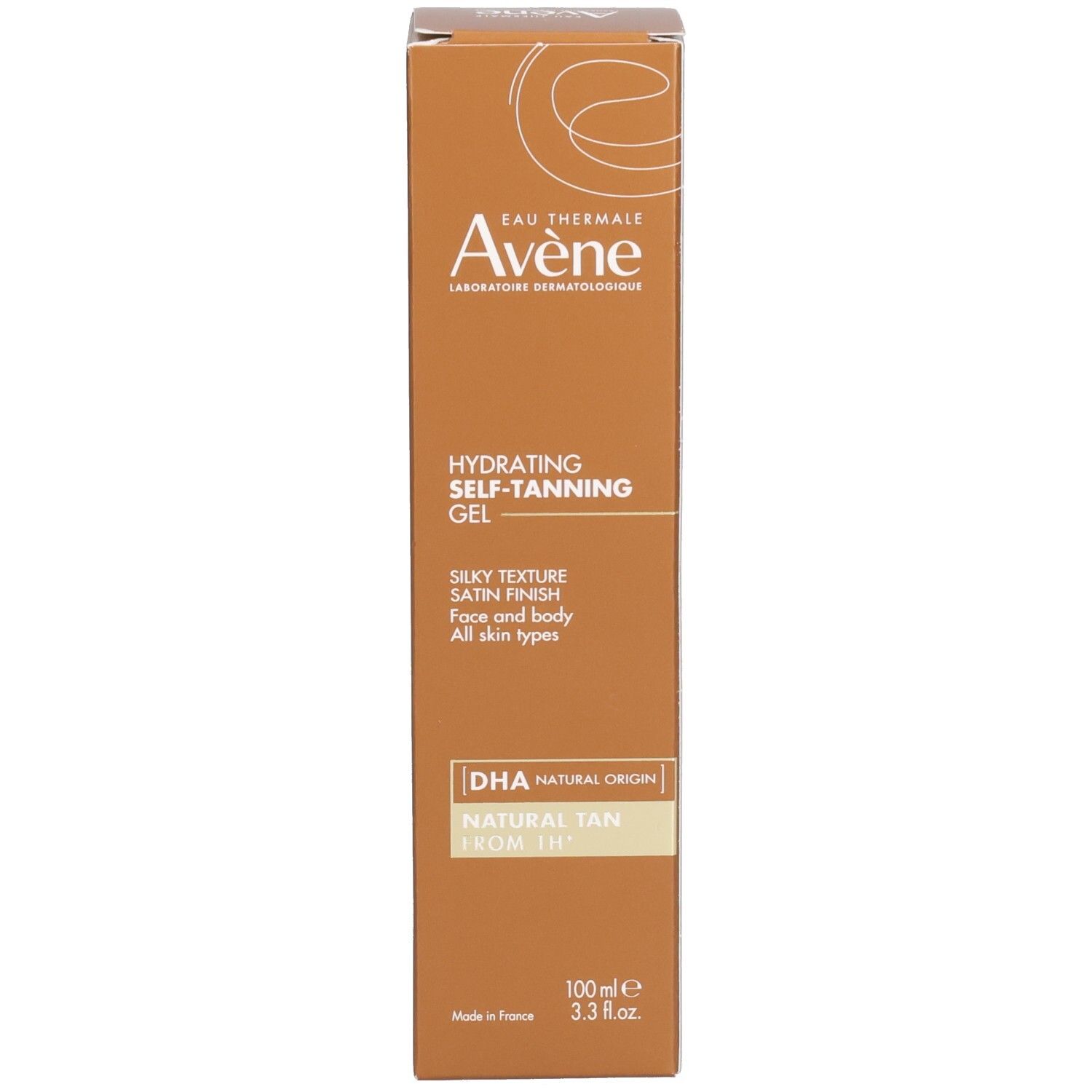Emballage en carton marron. Texte: Hydrating Self-Tanning Gel. Impression: DHA d'origine naturelle. Marque et logo.