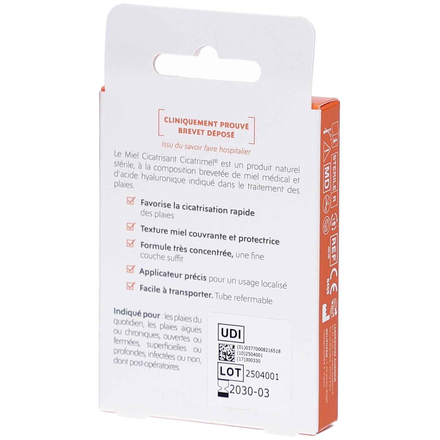 Dos de l'emballage de CICATRIMEL MIEL CICATRISANT. Description du produit, code UDI, numéro de lot et date de péremption. Cliniquement prouvé.