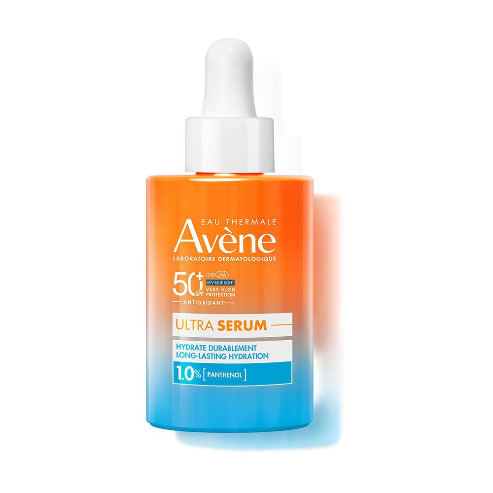 Flacon de sérum avec pipette. Dégradé orange et bleu. Inscription : Avène, Ultra Serum SPF50+, 1,0% Panthénol.