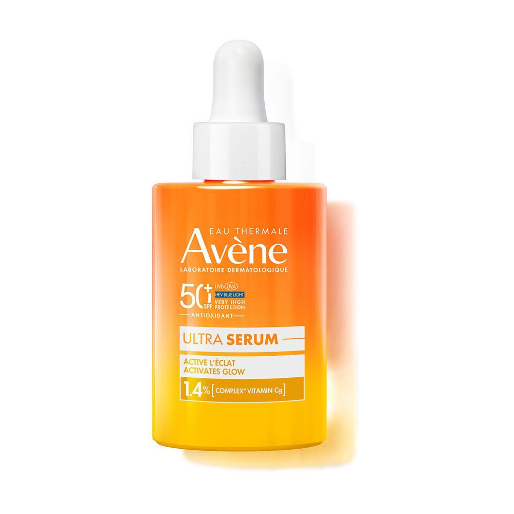 Flacon orange avec compte-gouttes blanc. Inscriptions : Eau Thermale Avène, SPF 50+, Ultra Serum, Active l'éclat, 1.4% Complex Vitamin C.