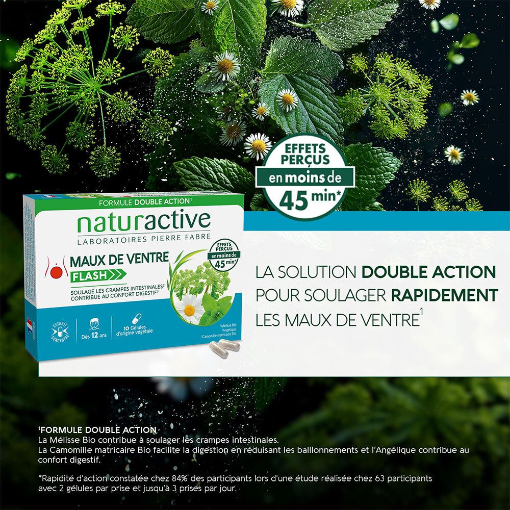 Emballage du produit avec des herbes. Texte: NATURACTIVE MAUX DE VENTRE FLASH. Formule double action. Effet en 45 min.
