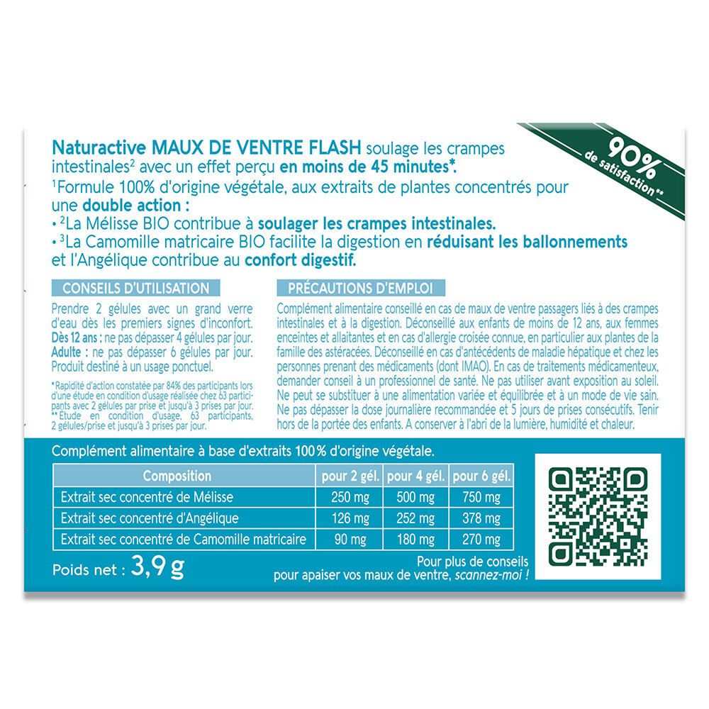 Dos de l'emballage. Texte: NATURACTIVE MAUX DE VENTRE FLASH. Ingrédients et conseils d'utilisation.