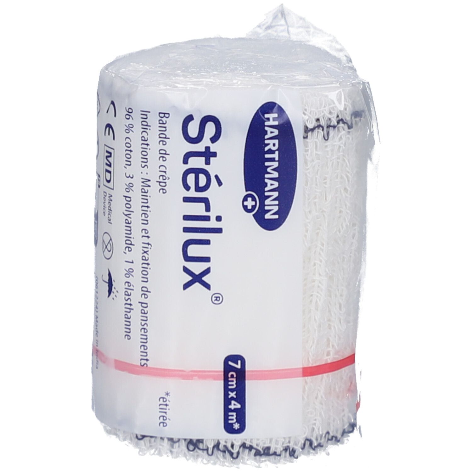 Bande de crêpe élastique sous cellophane. Marque STÉRILUX, 7 cm x 4 m. Texte: HARTMANN. Dispositif médical.