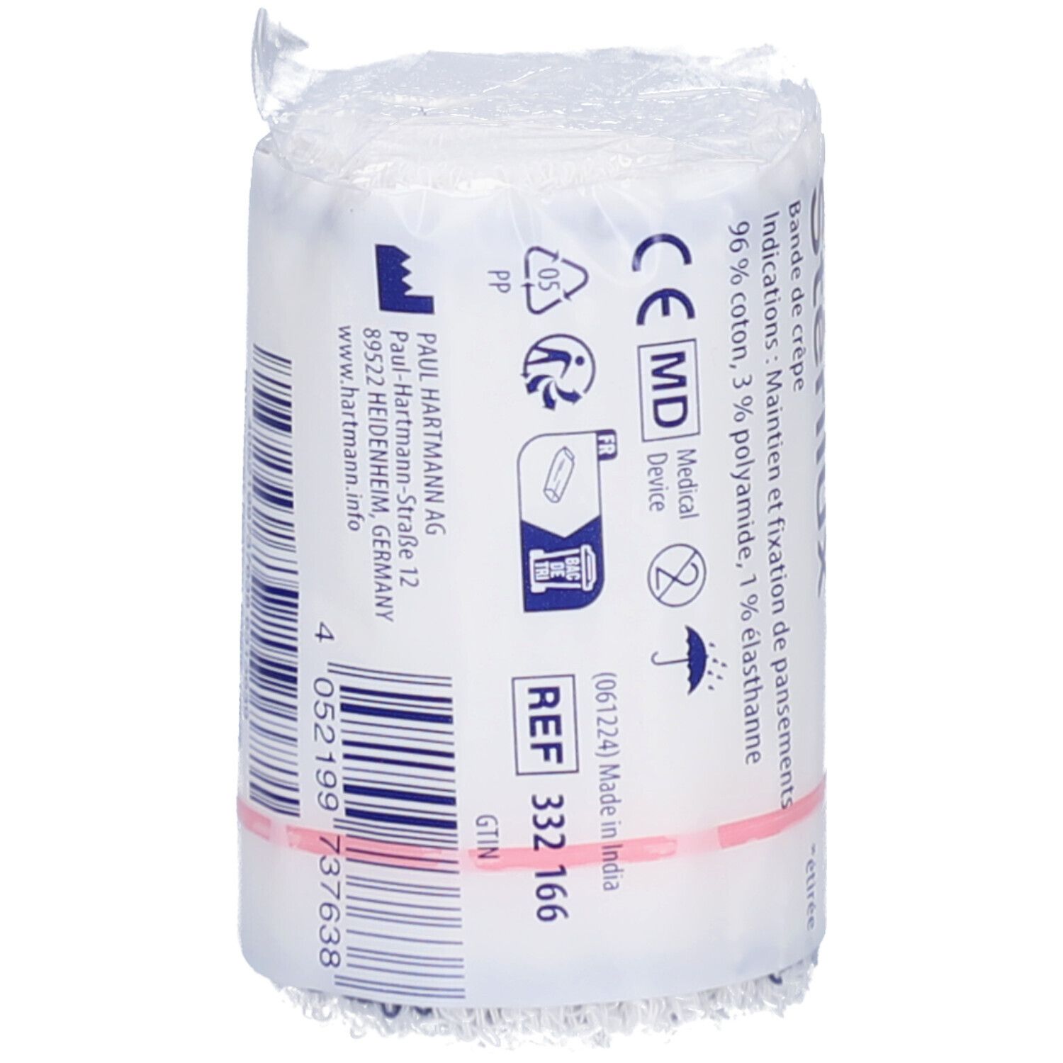 Bande de crêpe élastique sous cellophane. Informations au dos. REF 332 166. Dispositif médical. Fabricant: HARTMANN.