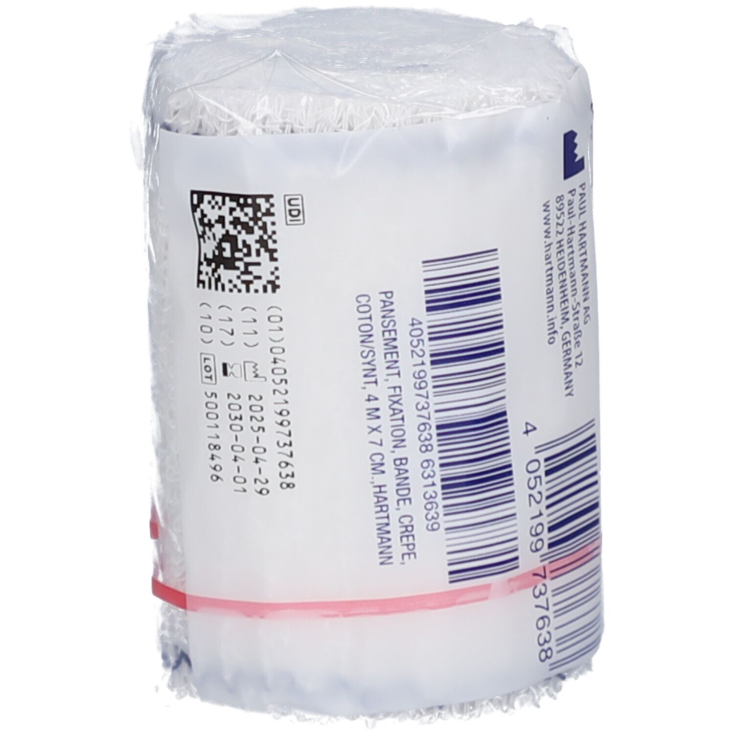 Bande de crêpe élastique sous cellophane. Code-barres et informations de lot. Fabricant: HARTMANN. Dispositif médical.