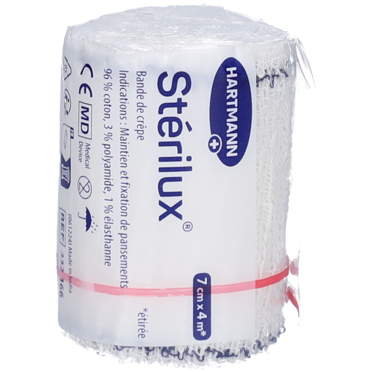 Bande de crêpe élastique sous cellophane. Marque STÉRILUX, 7 cm x 4 m. Texte: HARTMANN. Dispositif médical.