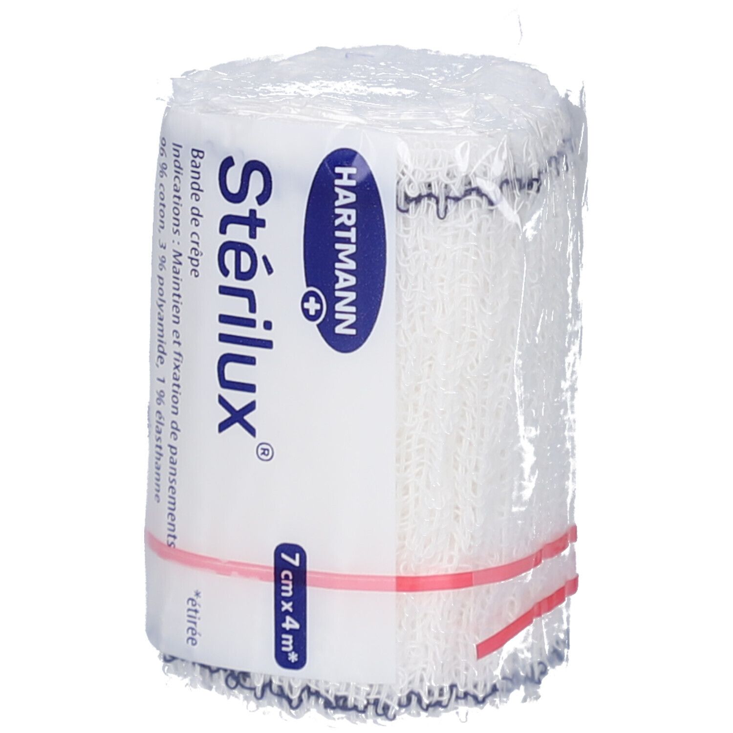 Bande de crêpe élastique sous cellophane. Marque STÉRILUX, 7 cm x 4 m. Texte: HARTMANN. Dispositif médical.