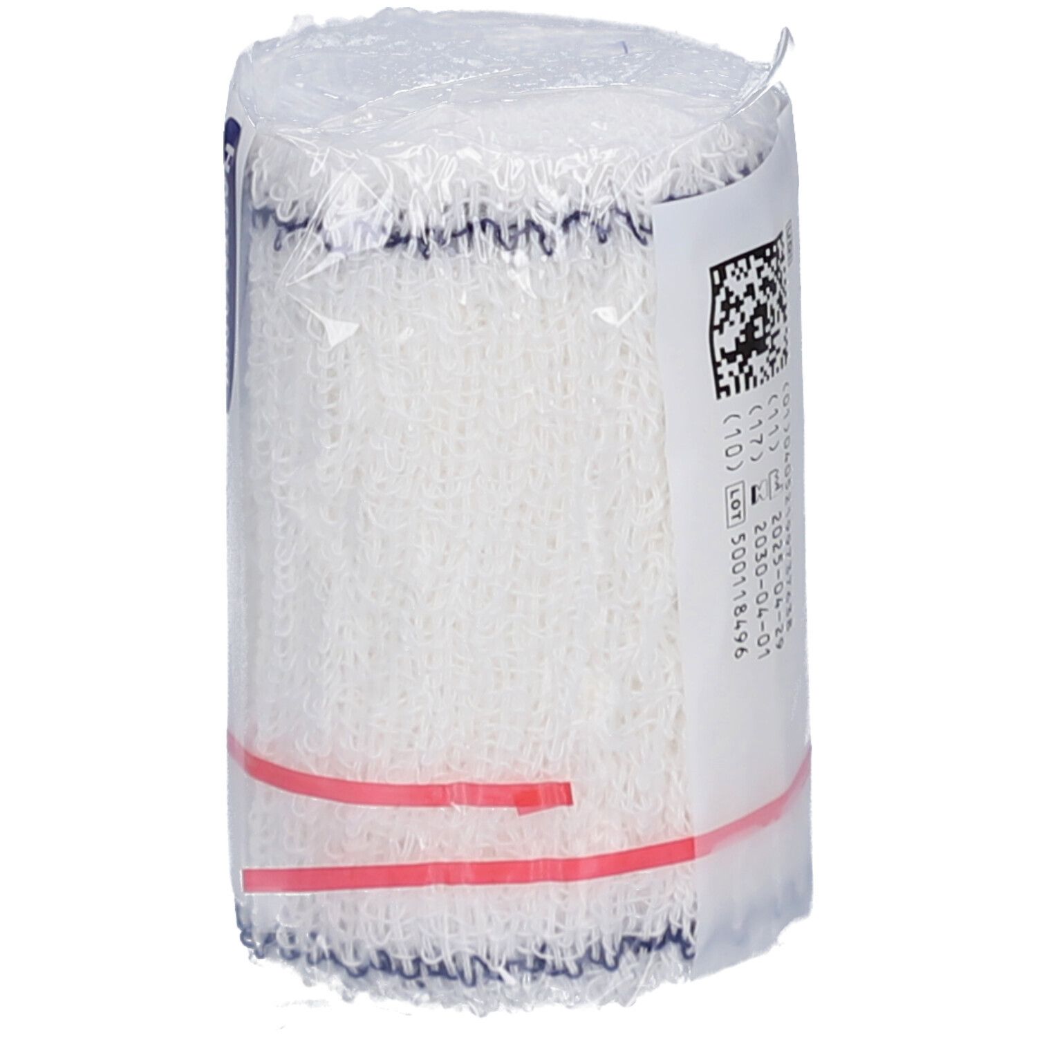 Bande de crêpe élastique sous cellophane. Code-barres et informations de lot. Dispositif médical.