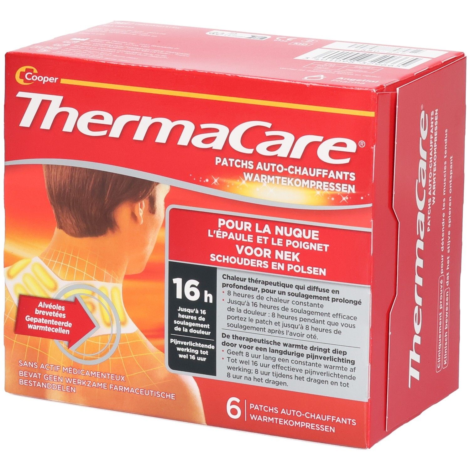 Boîte rouge THERMACARE. Contient 6 patchs chauffants. Autocollant : 1 patch offert. Textes en allemand, français et néerlandais.