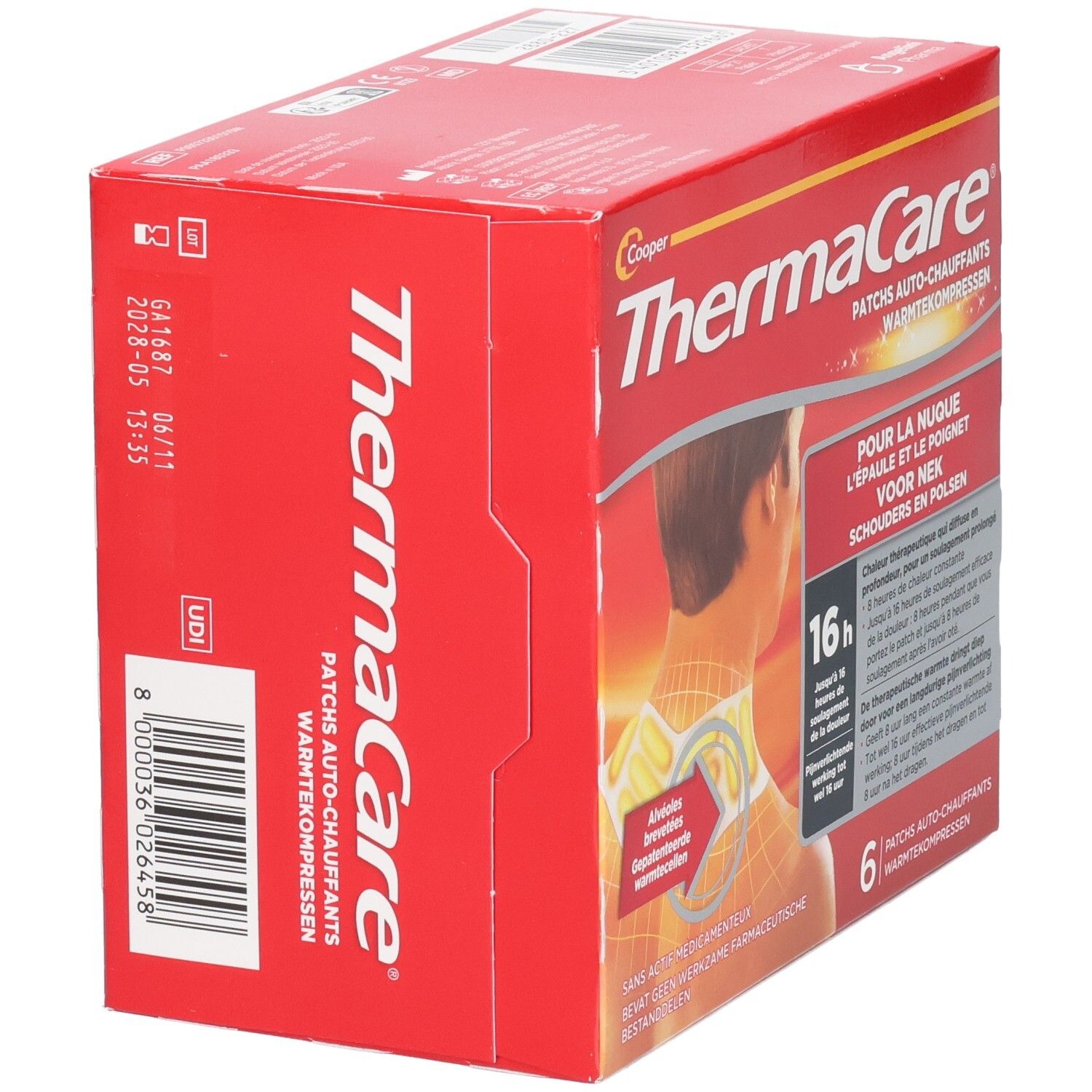 Boîte rouge THERMACARE, vue latérale. Contient 6 patchs chauffants. Impression avec date de péremption et numéro de lot. Code UDI.