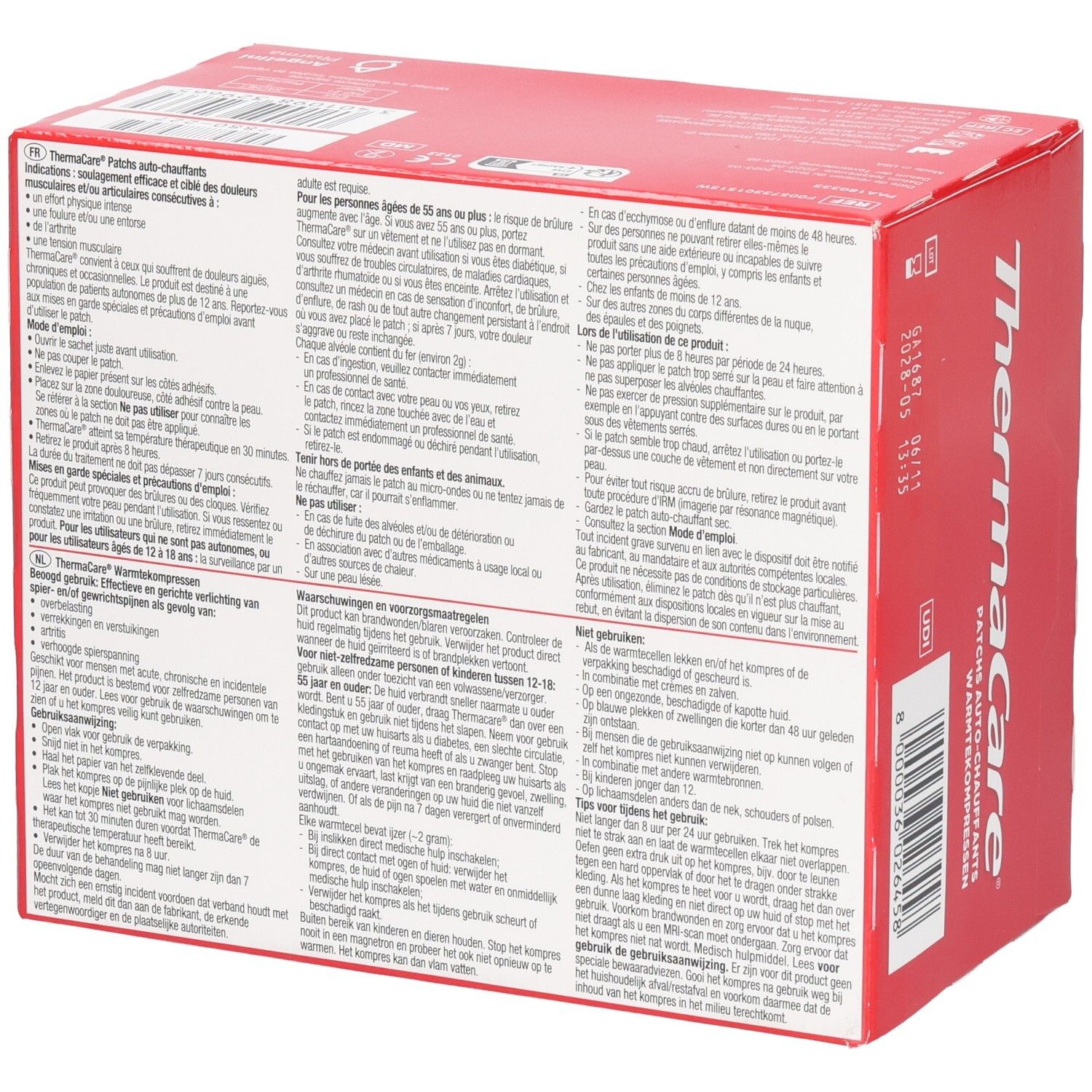 Boîte rouge THERMACARE, dos. Texte en allemand, français et néerlandais. Informations sur l'utilisation et les ingrédients.