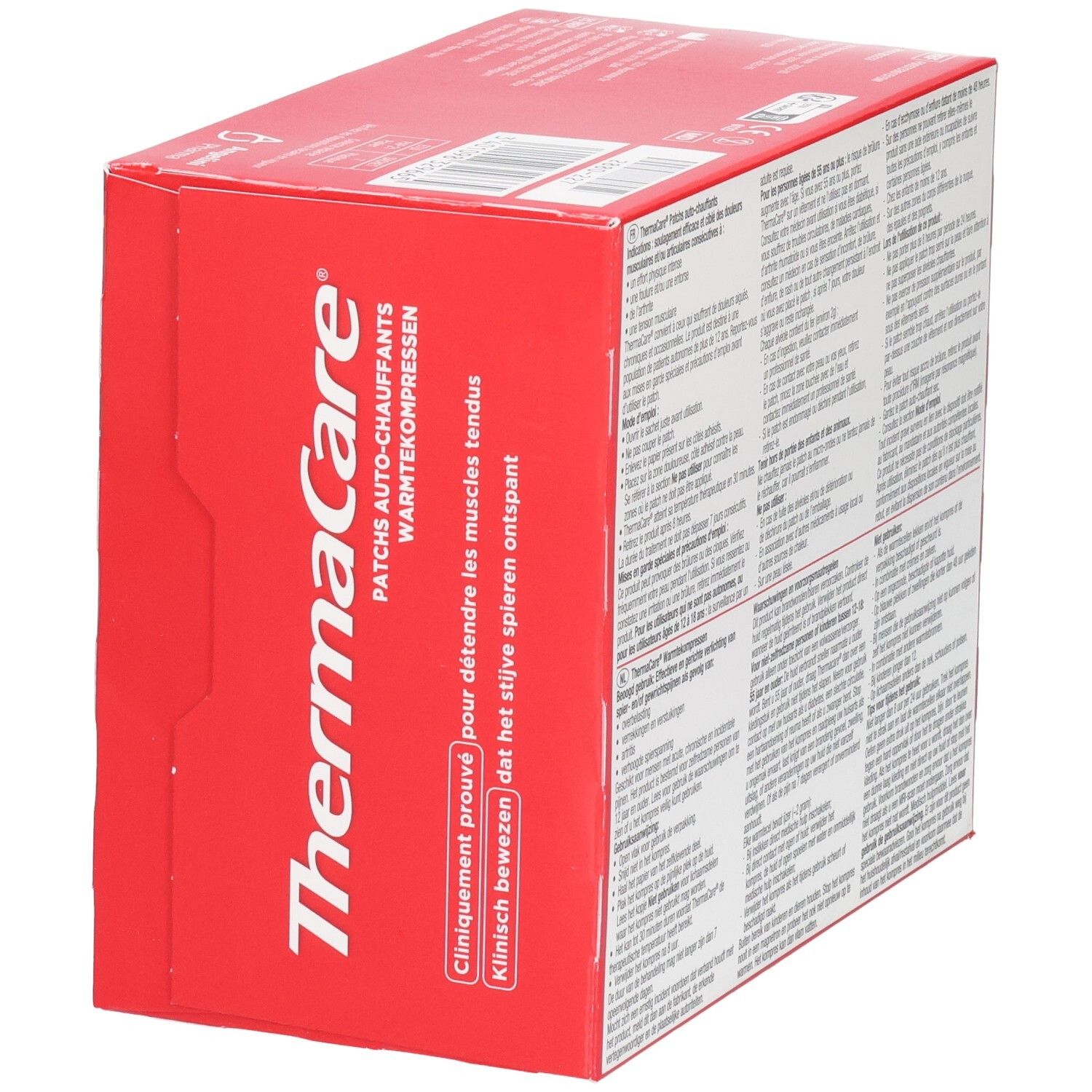 Boîte rouge THERMACARE. Texte en allemand et néerlandais. Inscription : Patches auto-chauffants. Cliniquement prouvé.