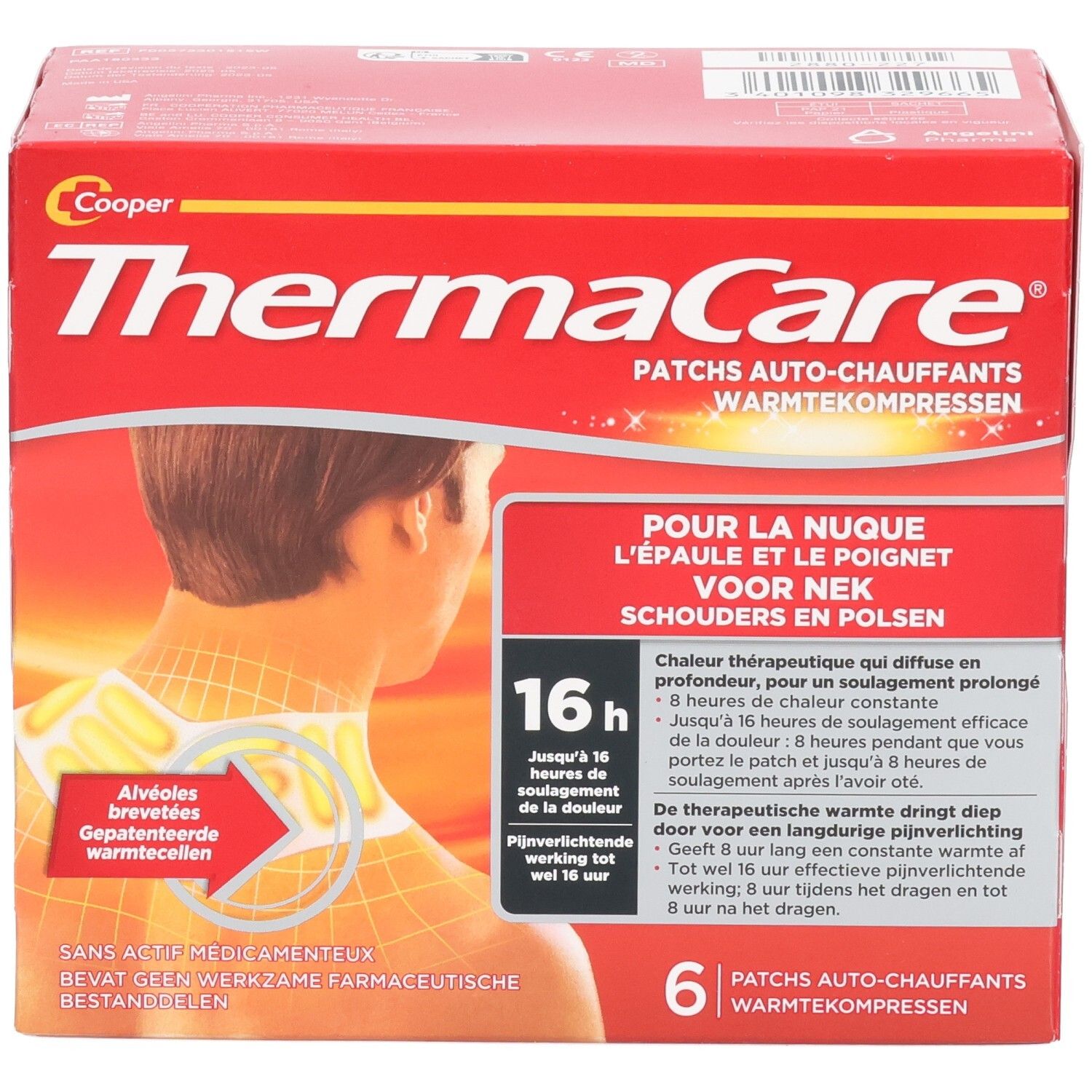 Boîte rouge THERMACARE avec 6 patchs chauffants. Autocollant : 1 patch offert. Textes en allemand, français et néerlandais.