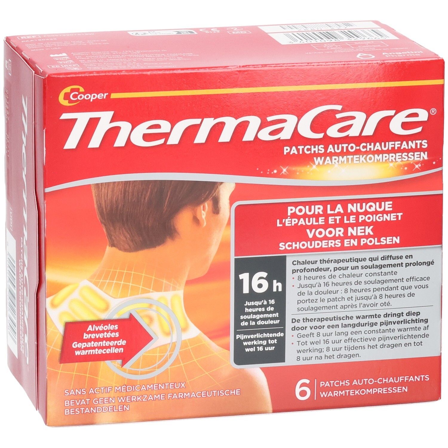 Boîte rouge THERMACARE avec 6 patchs chauffants. Autocollant : 1 patch offert. Textes en allemand, français et néerlandais.