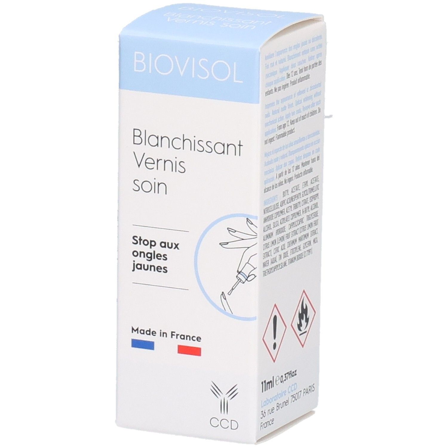 Boîte BIOVISOL Blanchissant Vernis soin. Arrête les ongles jaunes. Drapeau français. Symboles d'avertissement.