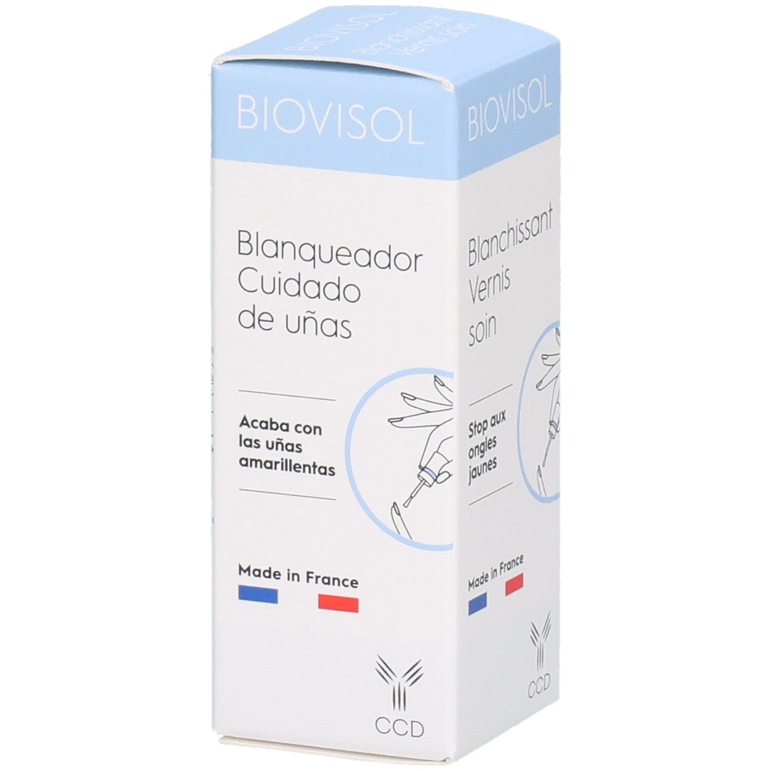 Boîte BIOVISOL, Blanqueador Cuidado de uñas, Blanchissant Vernis soin. Drapeau français. Logo CCD.
