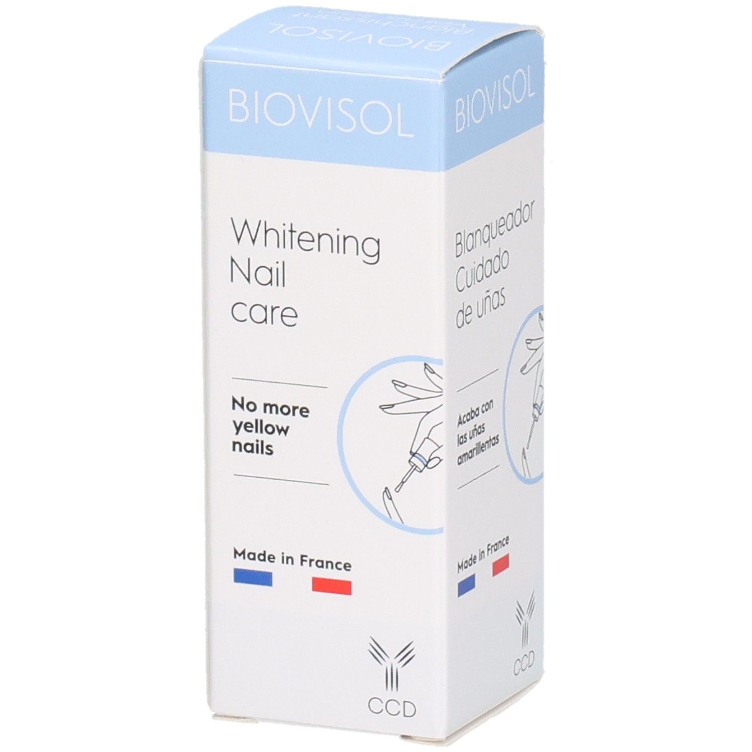 Boîte BIOVISOL, Whitening Nail care. Plus d'ongles jaunes. Drapeau français. Logo CCD.