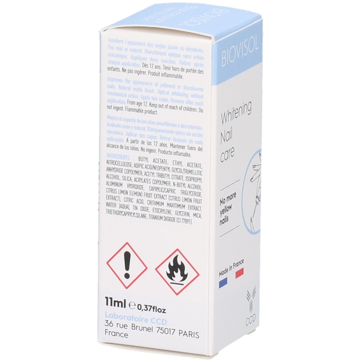 Boîte BIOVISOL, Whitening Nail care. Plus d'ongles jaunes. Symboles d'avertissement. Ingrédients. 11ml.