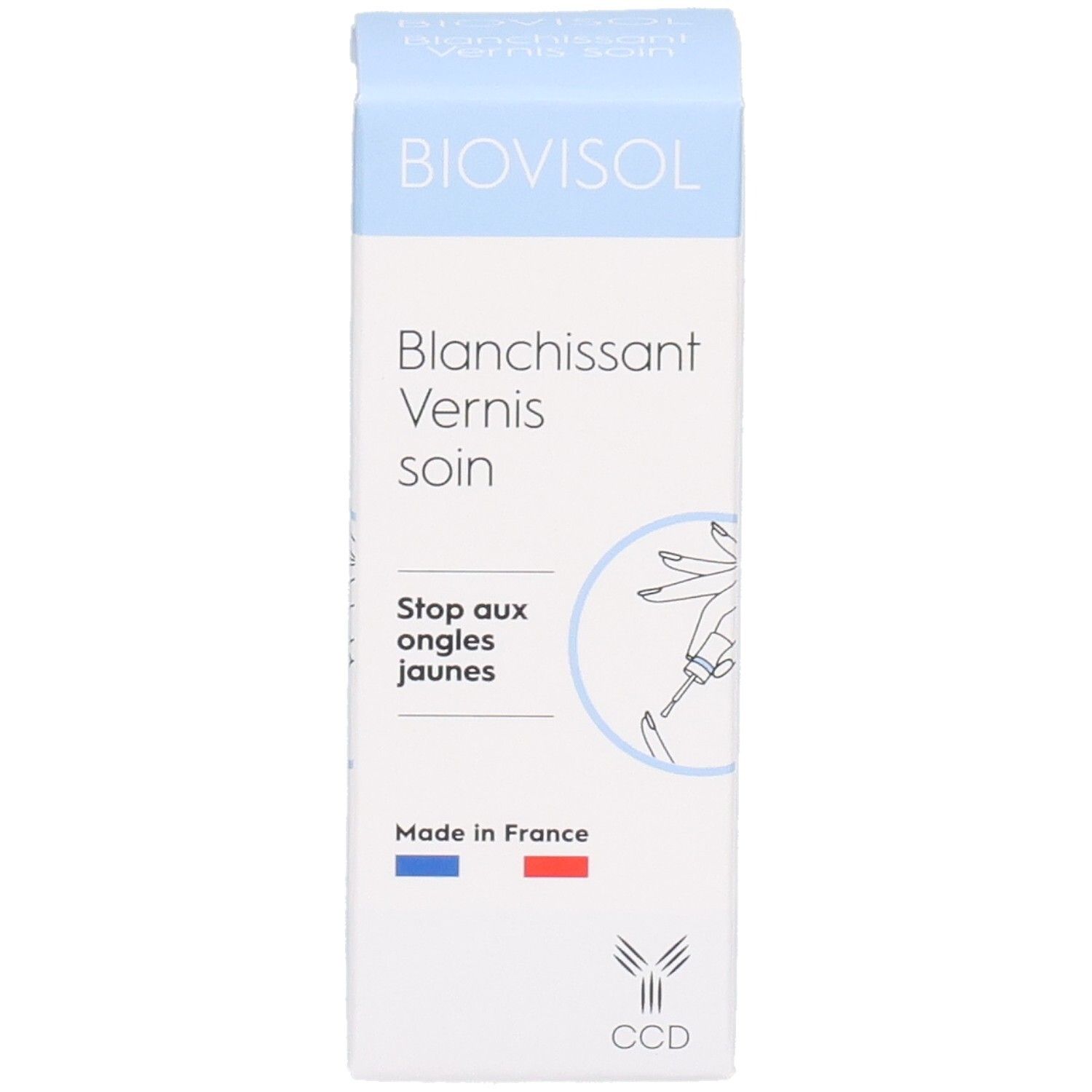Boîte BIOVISOL Blanchissant Vernis soin. Arrête les ongles jaunes. Drapeau français. Logo CCD.