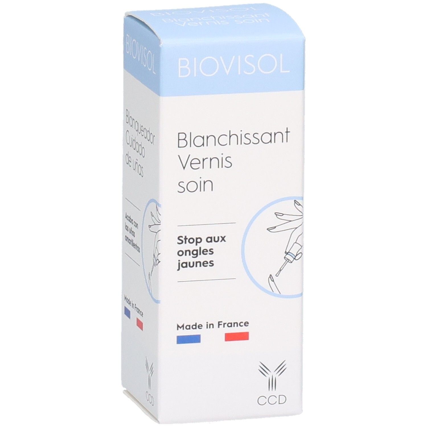 Boîte BIOVISOL Blanchissant Vernis soin. Arrête les ongles jaunes. Drapeau français. Logo CCD.