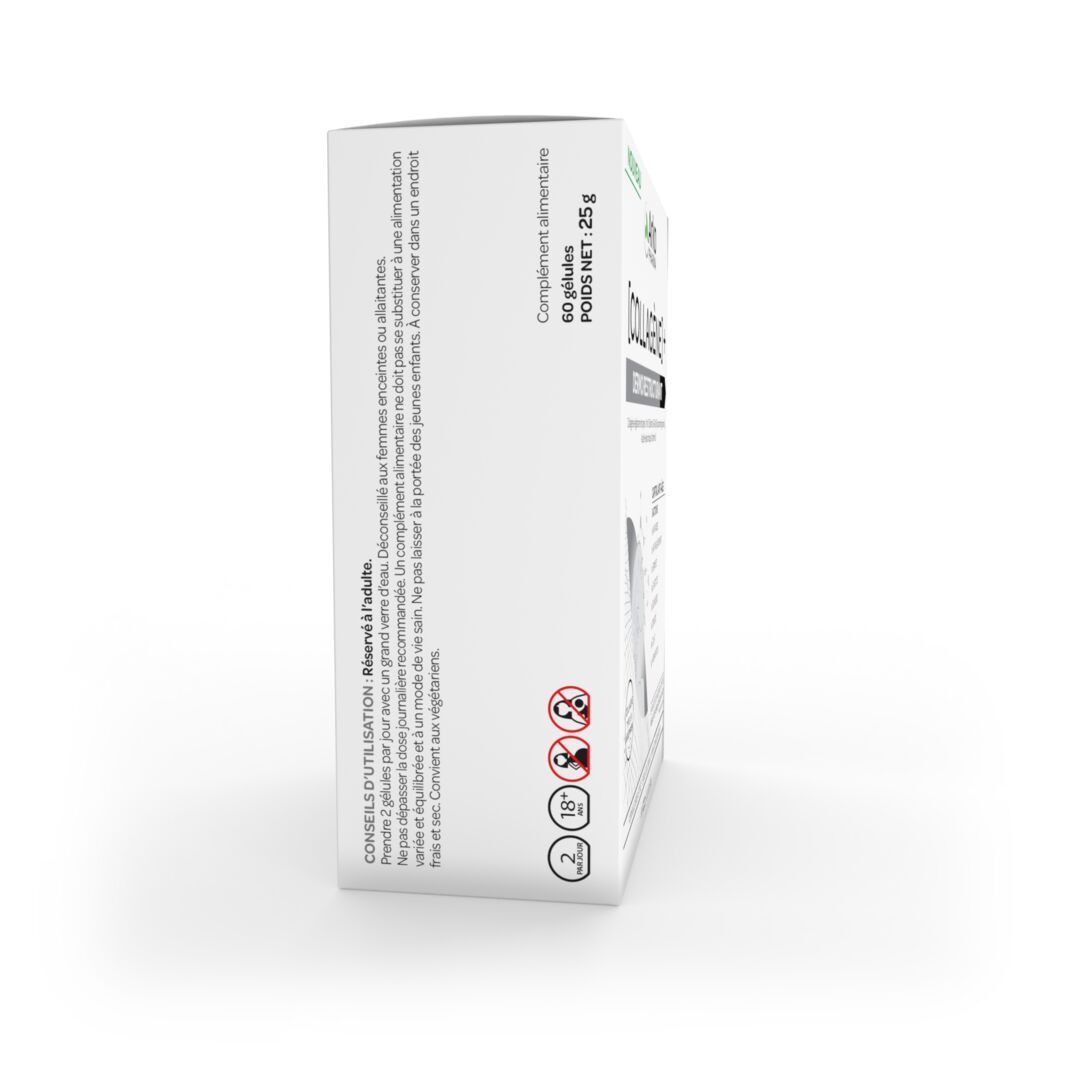 Vue latérale de la boîte blanche. Texte : conseils d'utilisation, avertissements, logos.