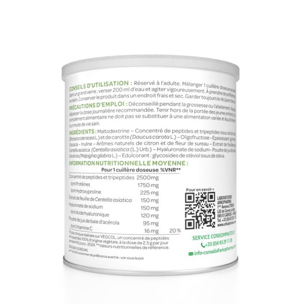 Dos de la boîte Pro-Collagen. Texte : conseils d'utilisation, ingrédients, informations nutritionnelles. Code QR et coordonnées.