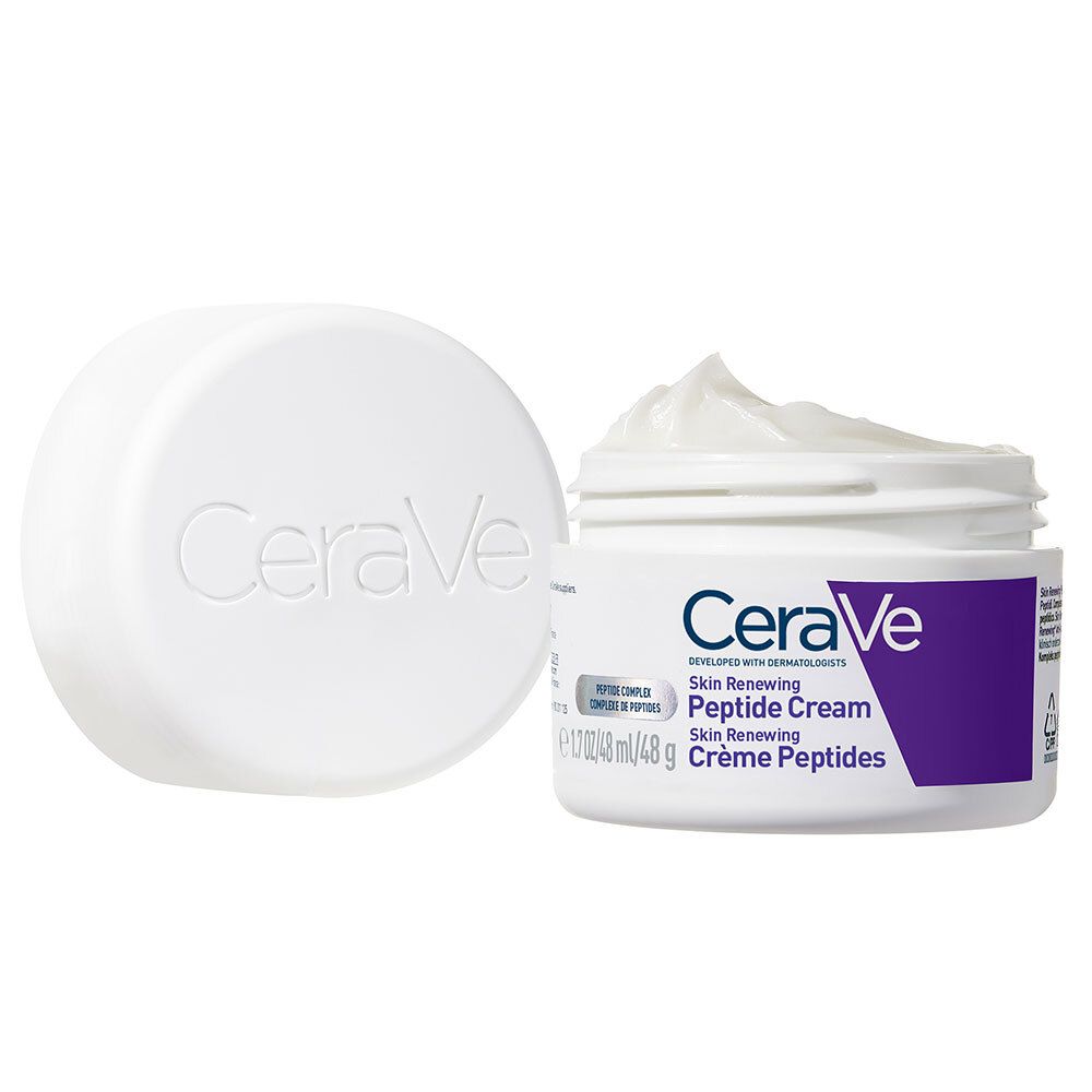 Pot ouvert avec crème et couvercle à côté. Inscription: CeraVe, Skin Renewing Peptide Cream.