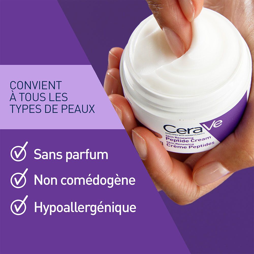 Main touchant la crème. Inscription: CeraVe, Skin Renewing Peptide Cream. Symboles: Sans parfum, non comédogène, hypoallergénique.