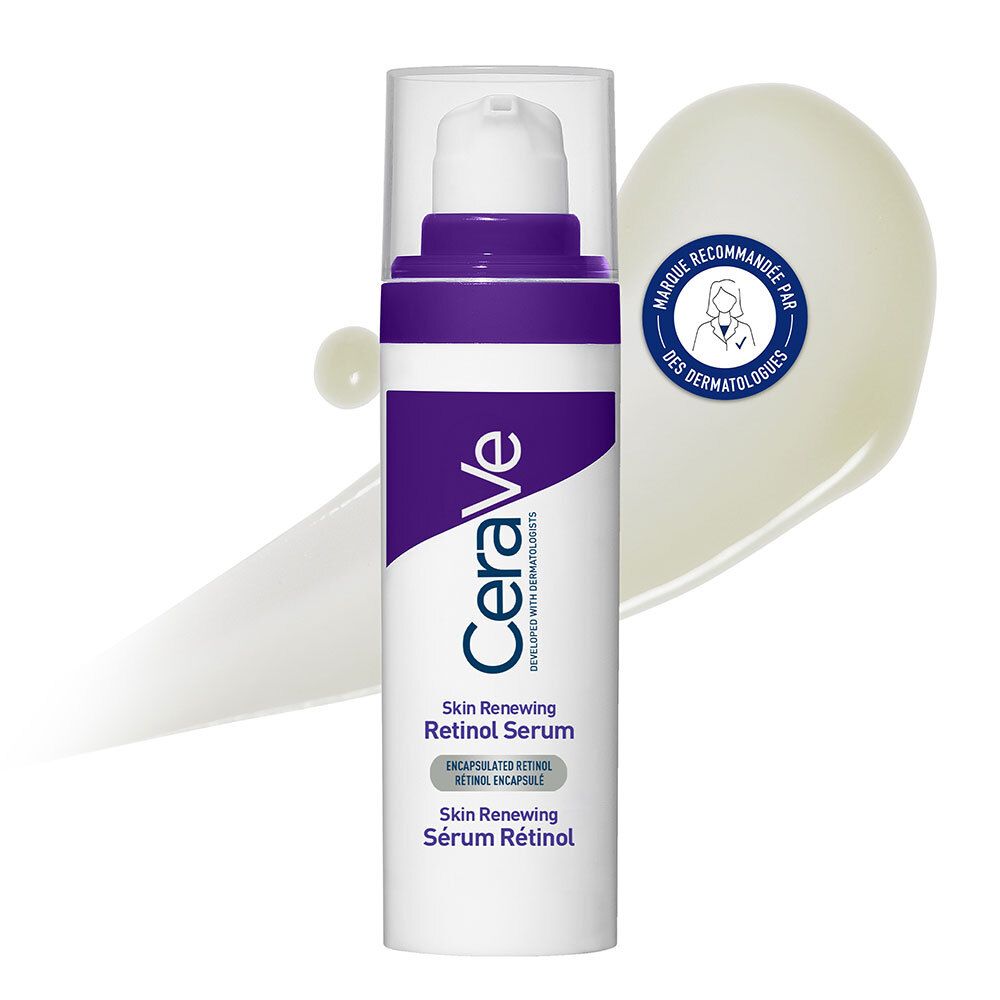 Flacon blanc et violet avec pompe et échantillon de produit. Texte: CeraVe, Skin Renewing Retinol Serum. Sceau: Recommandé par les dermatologues.