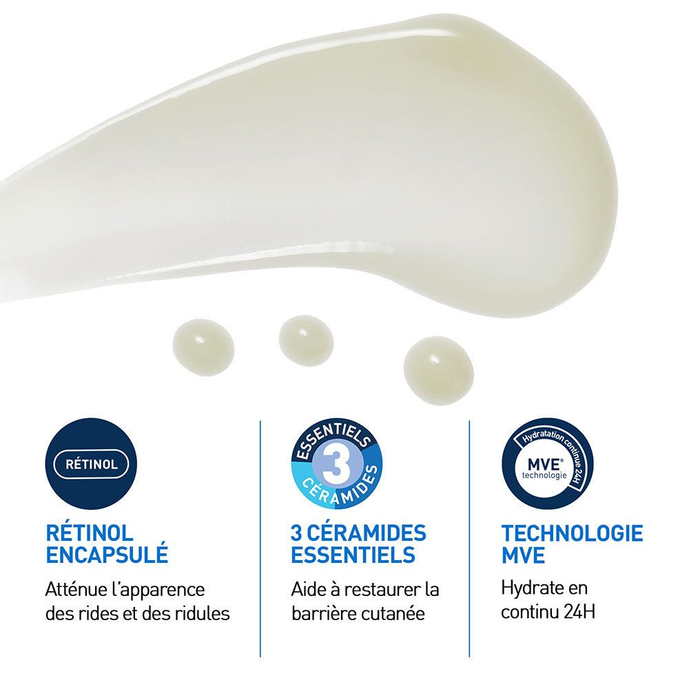 Échantillon de produit avec texte: Rétinol, 3 céramides essentiels, technologie MVE. Texte: Atténue les rides.