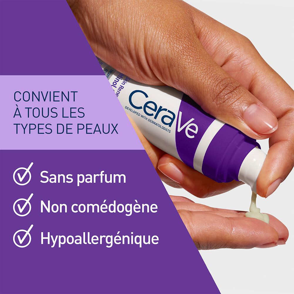 Main appliquant le produit sur un doigt. Texte: Convient à tous les types de peau. Logos: Sans parfum, non comédogène, hypoallergénique.