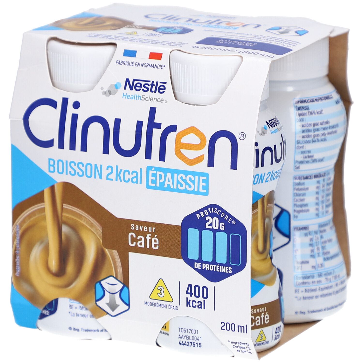 Emballage de quatre bouteilles. Inscription: Clinutren, 2kcal, Épaissie, Café. Logo Nestle HealthScience. 400 kcal, 20g protéines.