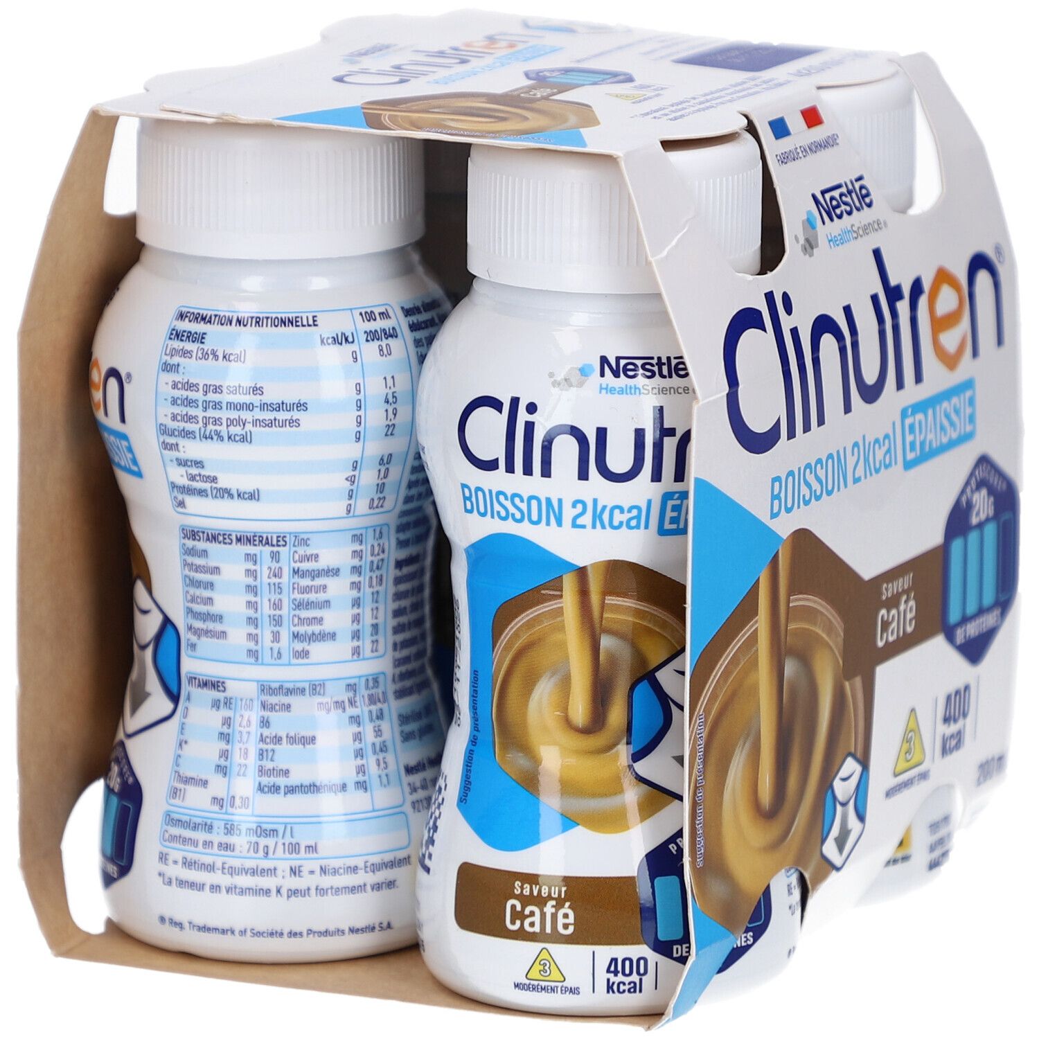 Emballage de quatre bouteilles. Inscription: Clinutren, 2kcal, Épaissie, Café. Logo Nestle HealthScience. Informations nutritionnelles. 400 kcal.