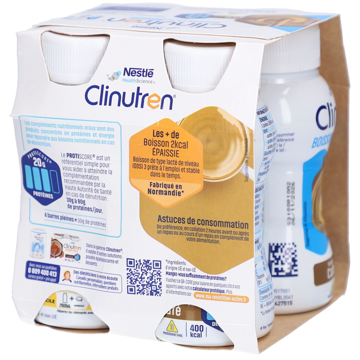 Emballage de quatre bouteilles. Inscription: Clinutren, 2kcal, Épaissie, Café. Logo Nestle HealthScience. 400 kcal, 20g protéines. Conseils.