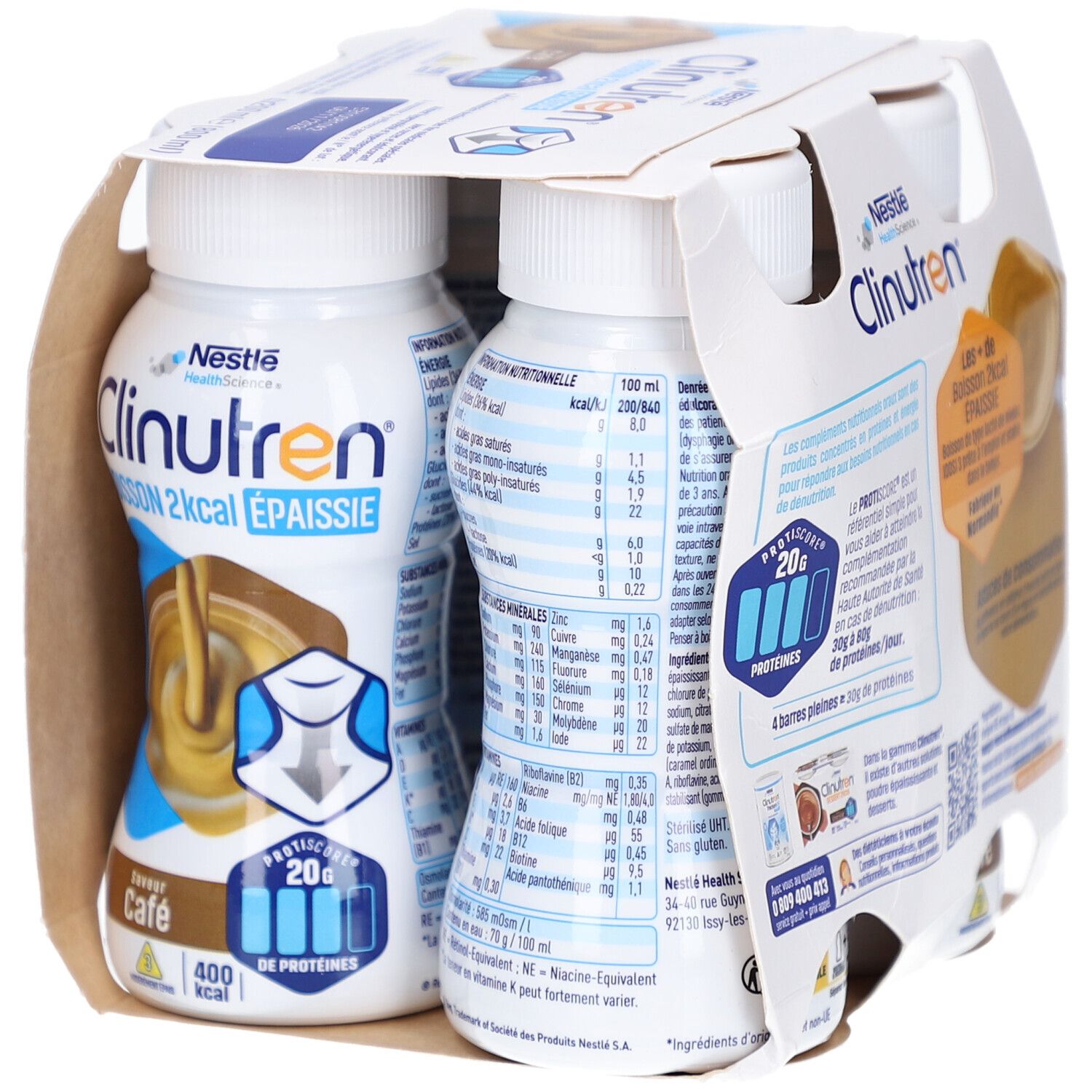 Emballage de quatre bouteilles. Inscription: Clinutren, 2kcal, Épaissie, Café. Logo Nestle HealthScience. 400 kcal, 20g protéines. Informations nutritionnelles.