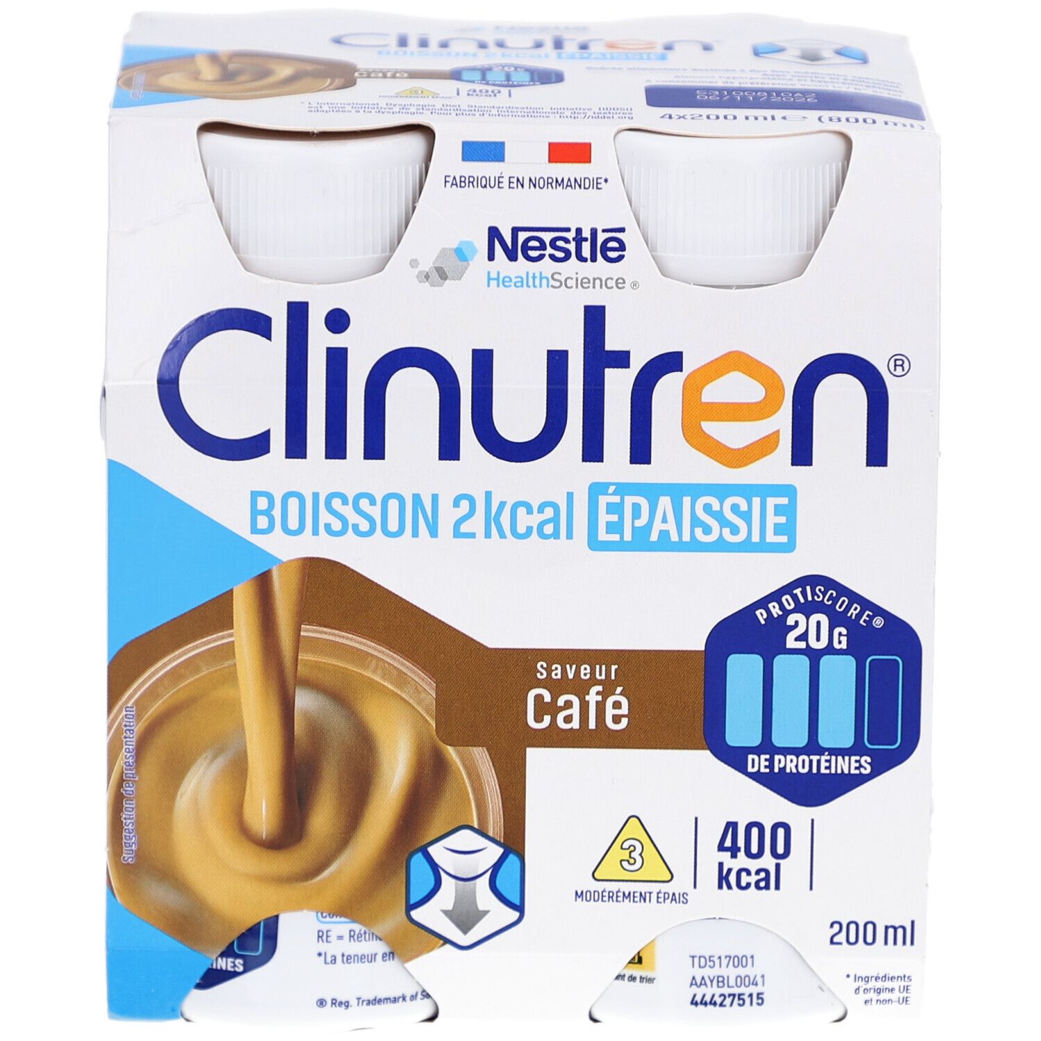 Emballage de quatre bouteilles. Inscription: Clinutren, 2kcal, Épaissie, Café. Logo Nestle HealthScience. 400 kcal, 20g protéines. 200 ml.