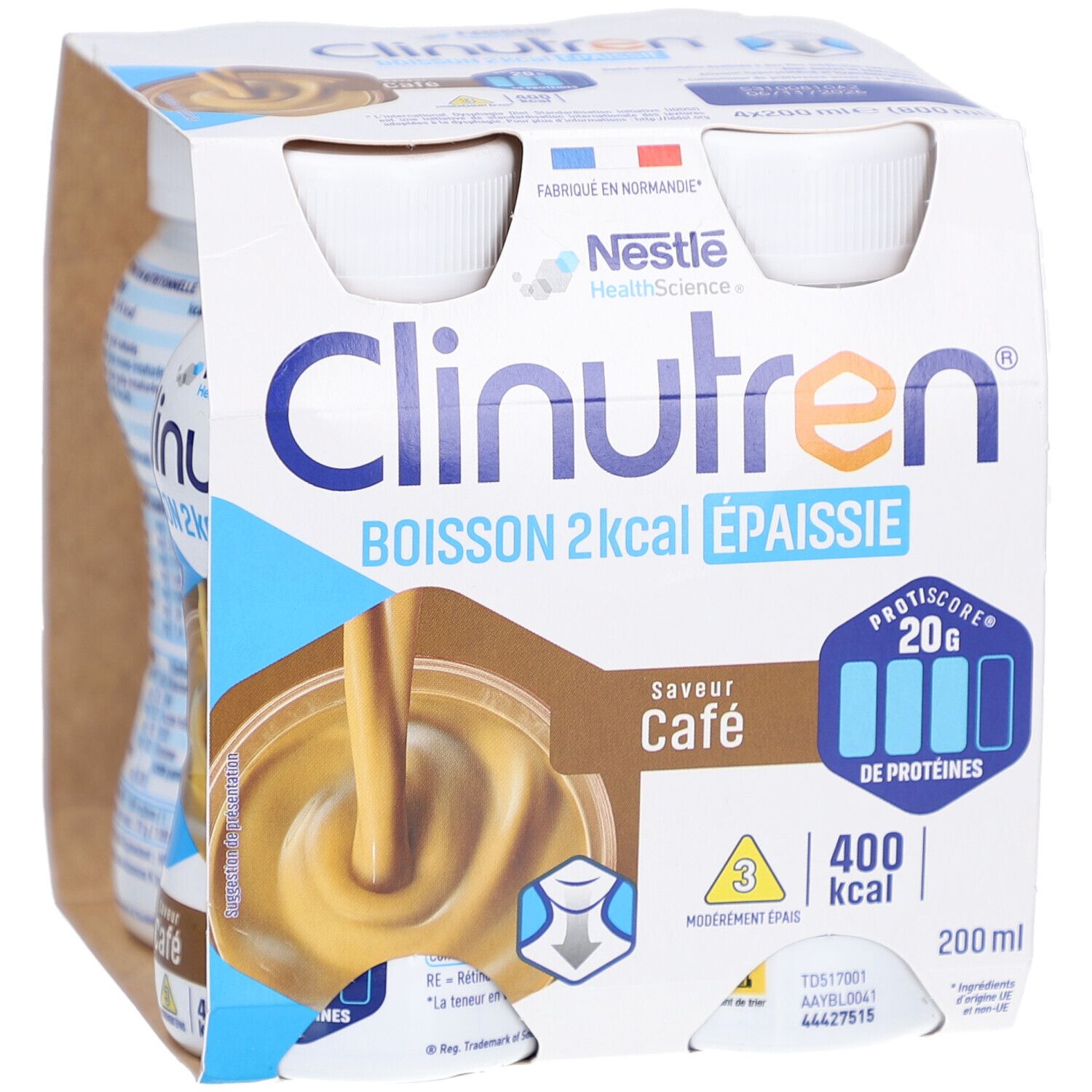 Emballage de quatre bouteilles. Inscription: Clinutren, 2kcal, Épaissie, Café. Logo Nestle HealthScience. 400 kcal, 20g protéines. 200 ml.