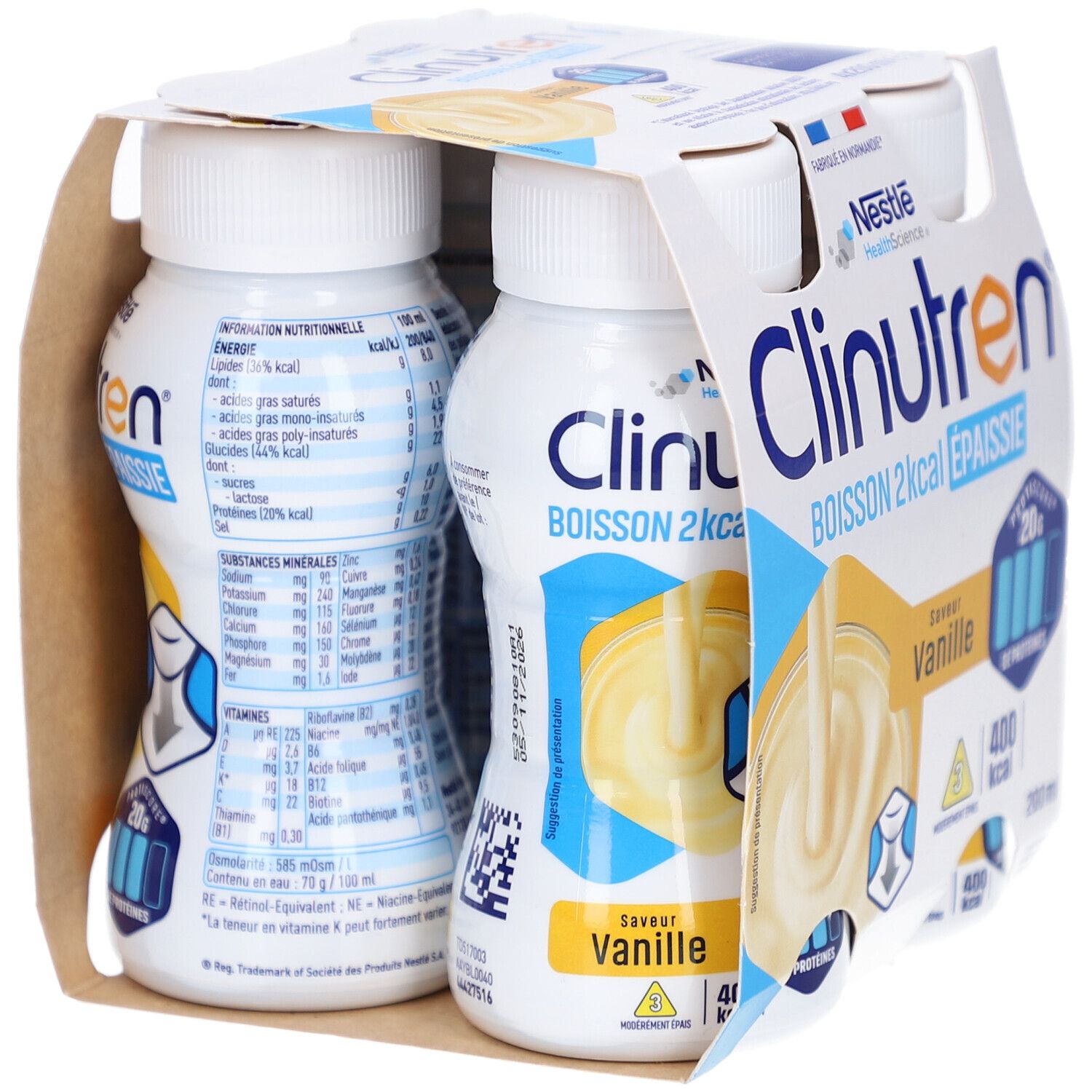 Emballage de quatre bouteilles Clinutren, saveur vanille, 2 kcal, épaissie. Contient 20g de protéines. 200ml par bouteille. Vue détaillée.