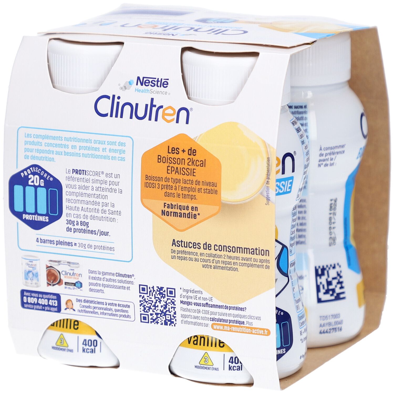Emballage de quatre bouteilles Clinutren, saveur vanille, 2 kcal, épaissie. Contient 20g de protéines. Vue arrière détaillée.