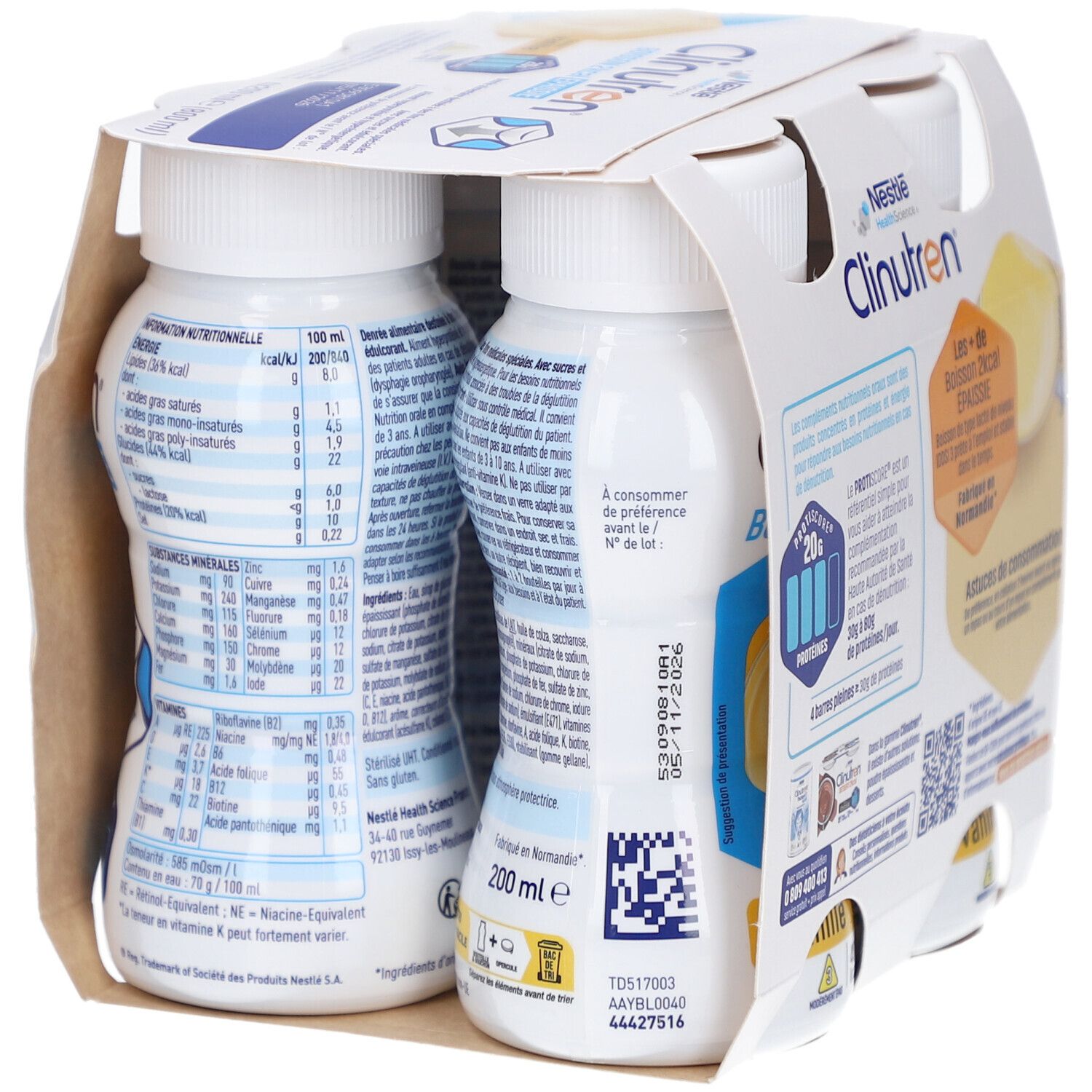 Emballage de quatre bouteilles Clinutren, saveur vanille, 2 kcal, épaissie. Contient 20g de protéines. Vue arrière détaillée.