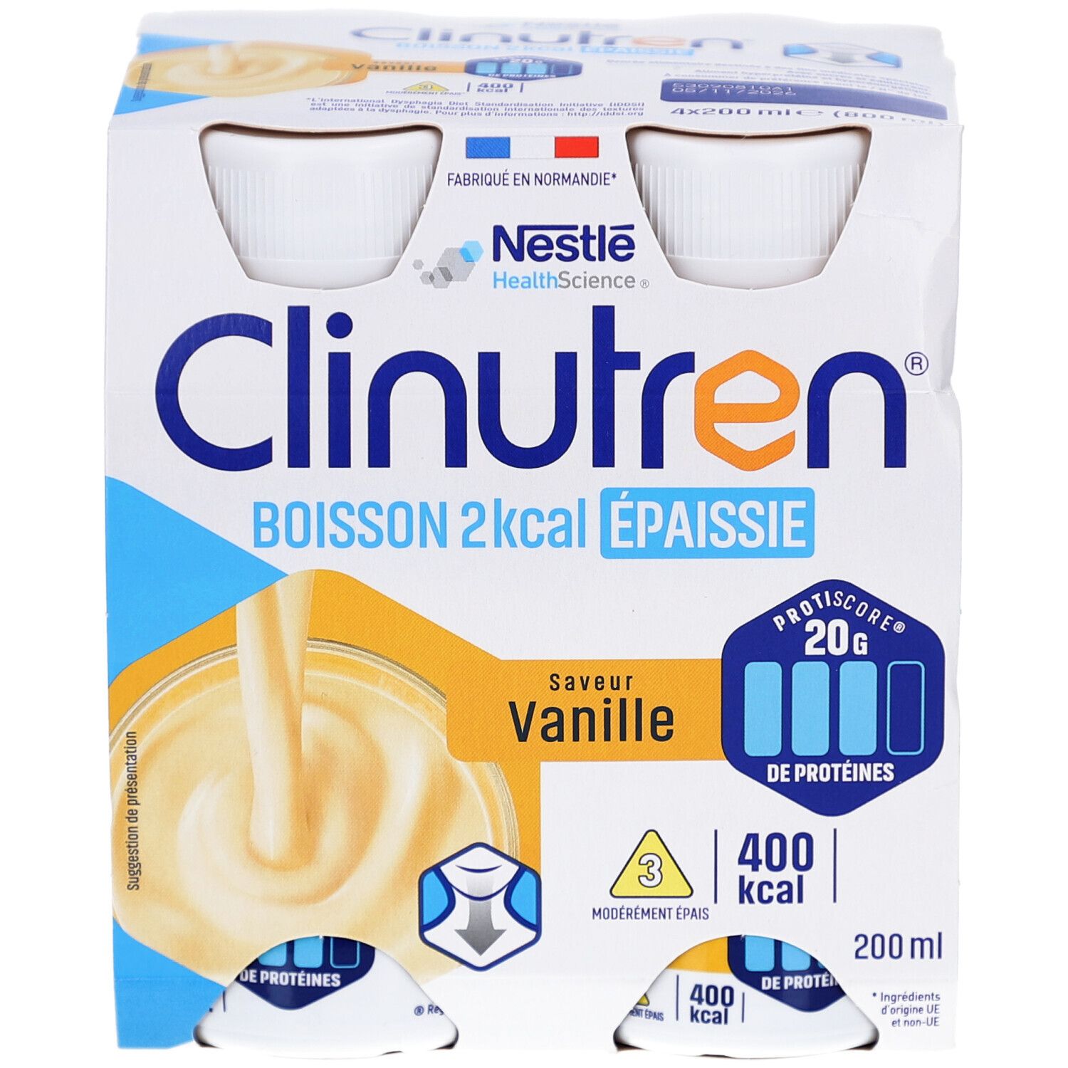 Emballage de quatre bouteilles Clinutren, saveur vanille, 2 kcal, épaissie. Contient 20g de protéines. 200ml par bouteille.