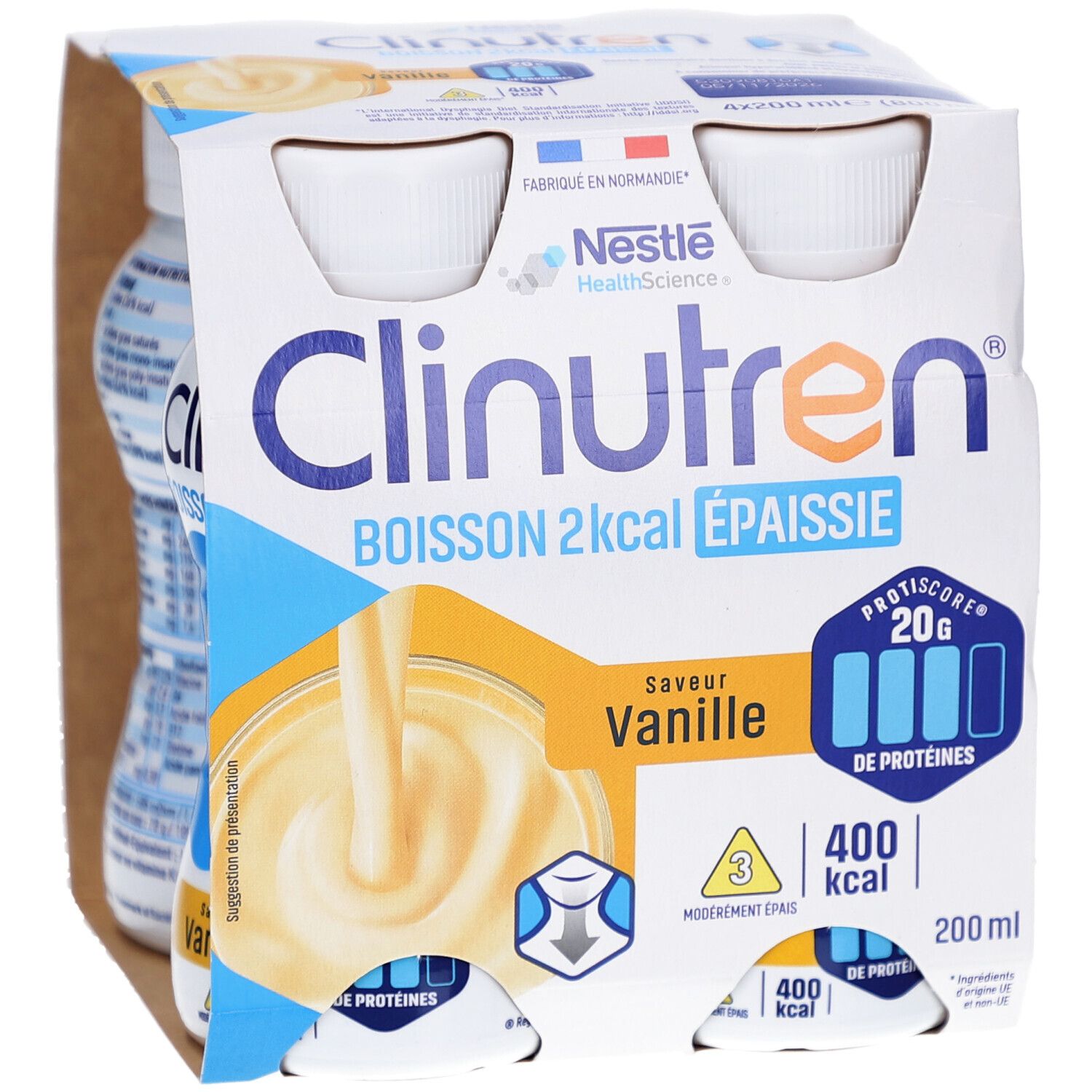 Emballage de quatre bouteilles Clinutren, saveur vanille, 2 kcal, épaissie. Contient 20g de protéines. 200ml par bouteille.