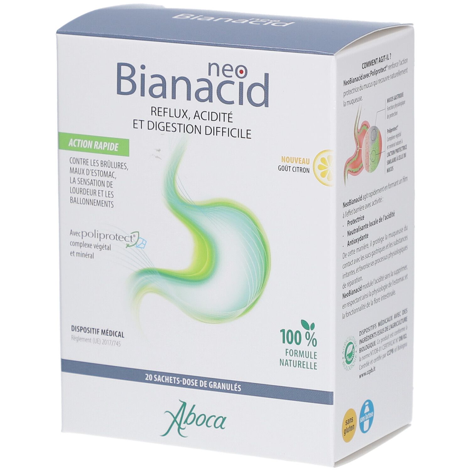 Boîte NeoBianacid. Inscription: Reflux, acidité et digestion difficile. Contient 20 sachets-doses de granulés. Logos et certifications.