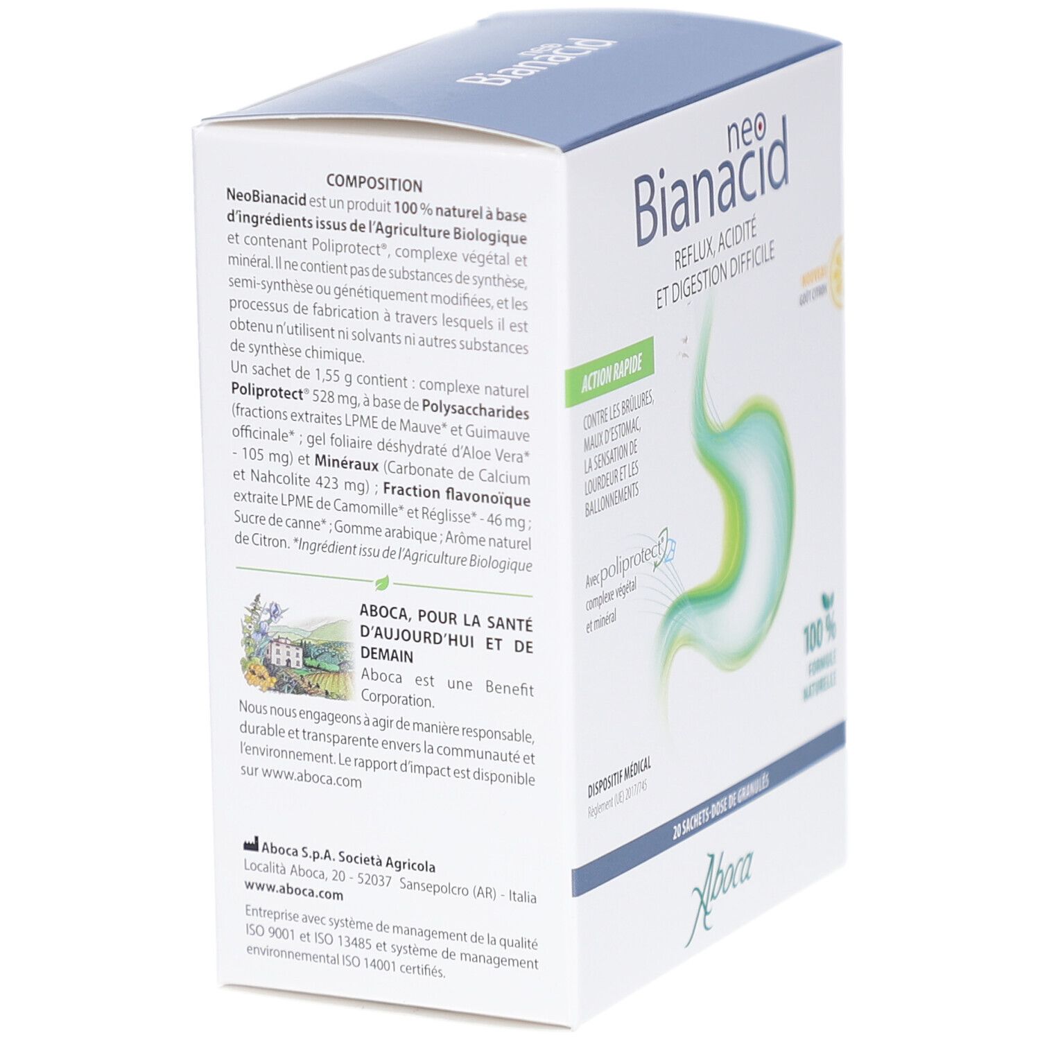 Dos de la boîte NeoBianacid. Texte sur les ingrédients, Aboca et certifications. Contient 20 sachets de granulés.