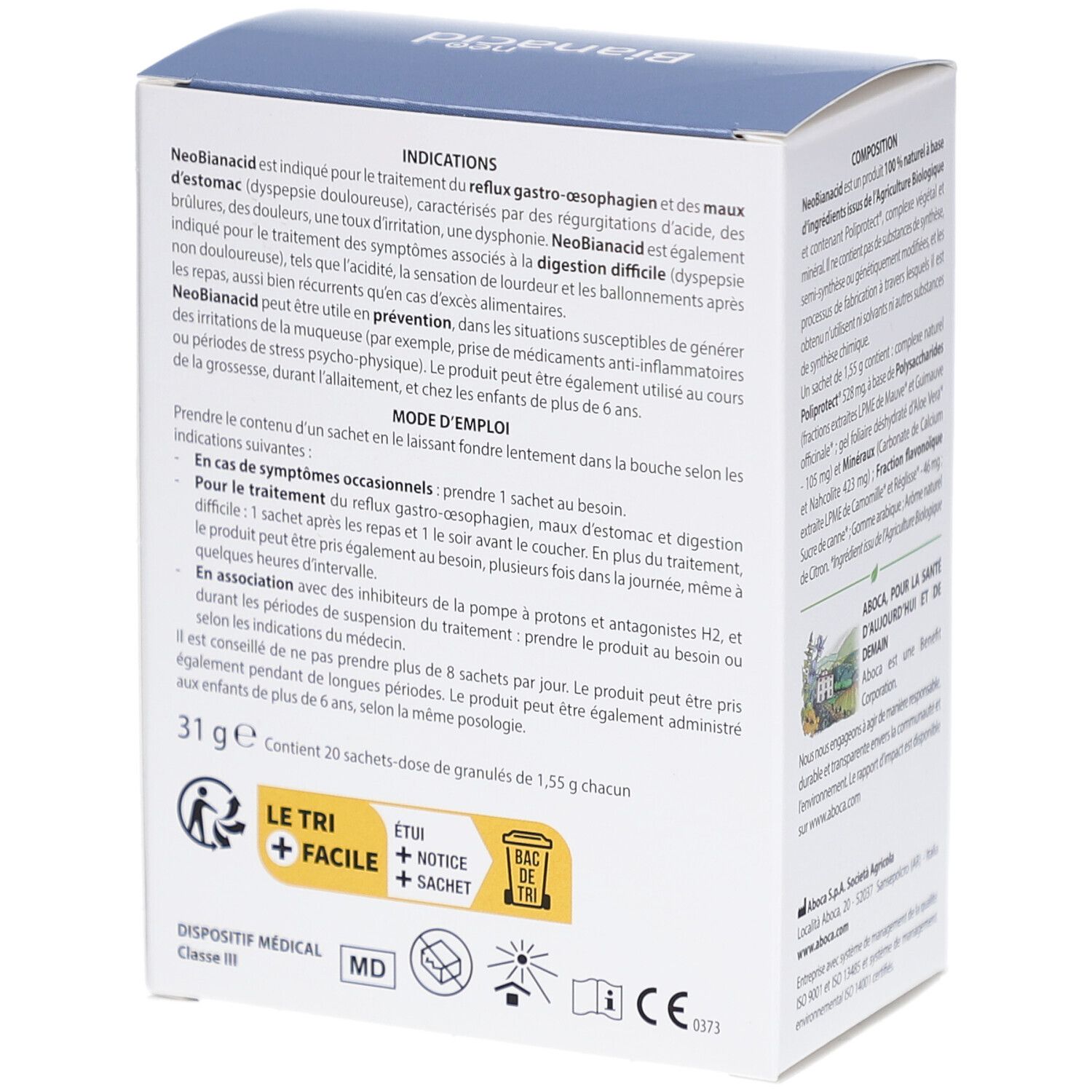 Côté de la boîte NeoBianacid. Informations sur les indications, l'utilisation et le dosage. Contient 20 sachets de granulés.
